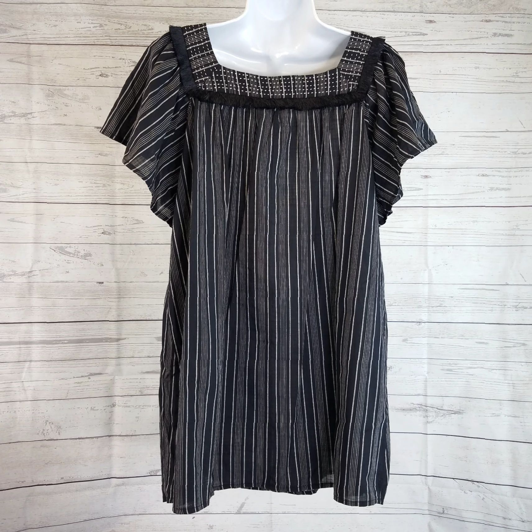 Vintage Isabel Maternity Womens Top Sz Large Black Striped Fringe Cotton Square Neck Size L / US 10 / IT 46 - 4 Thumbnail