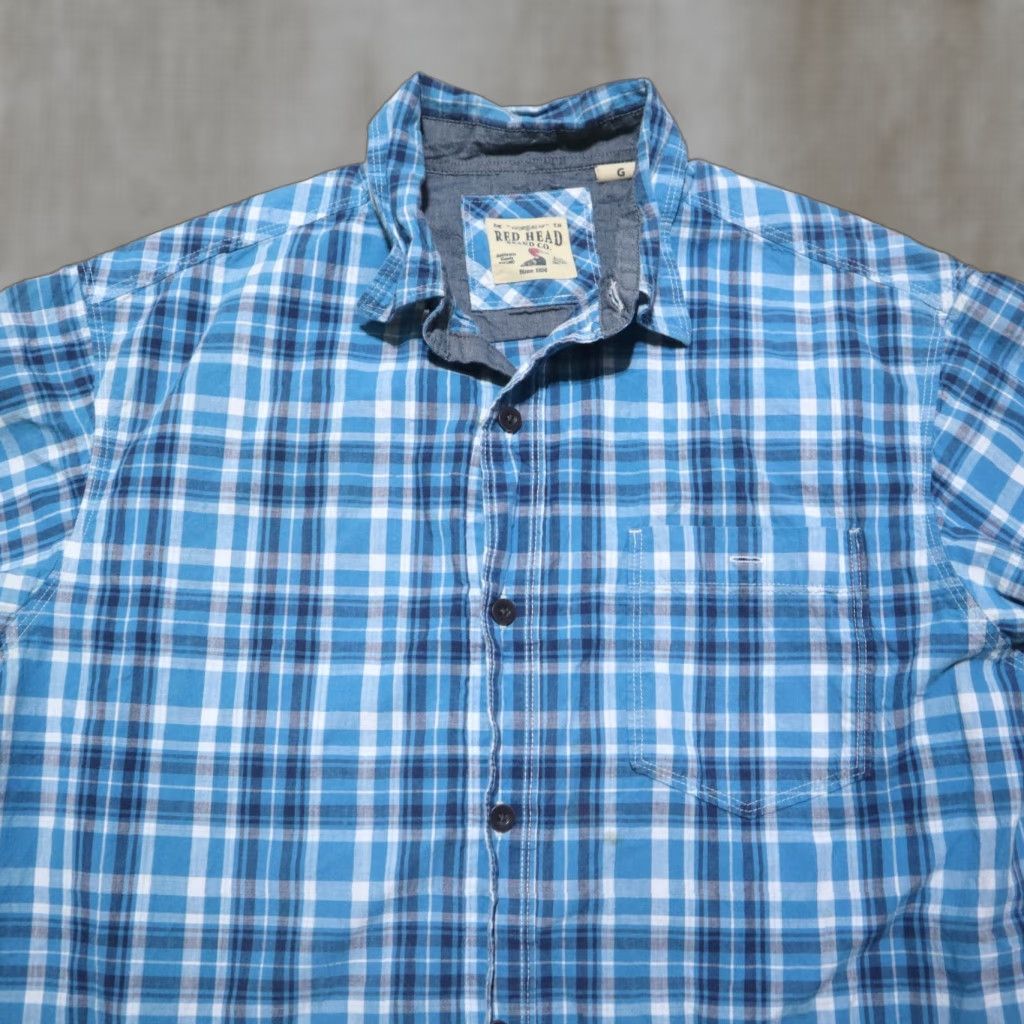 Vintage Red Head Shirt Button-Up Plaid Blue Short Sleeve Cotton Adult L Large Mens Size US L / EU 52-54 / 3 - 1 Thumbnail