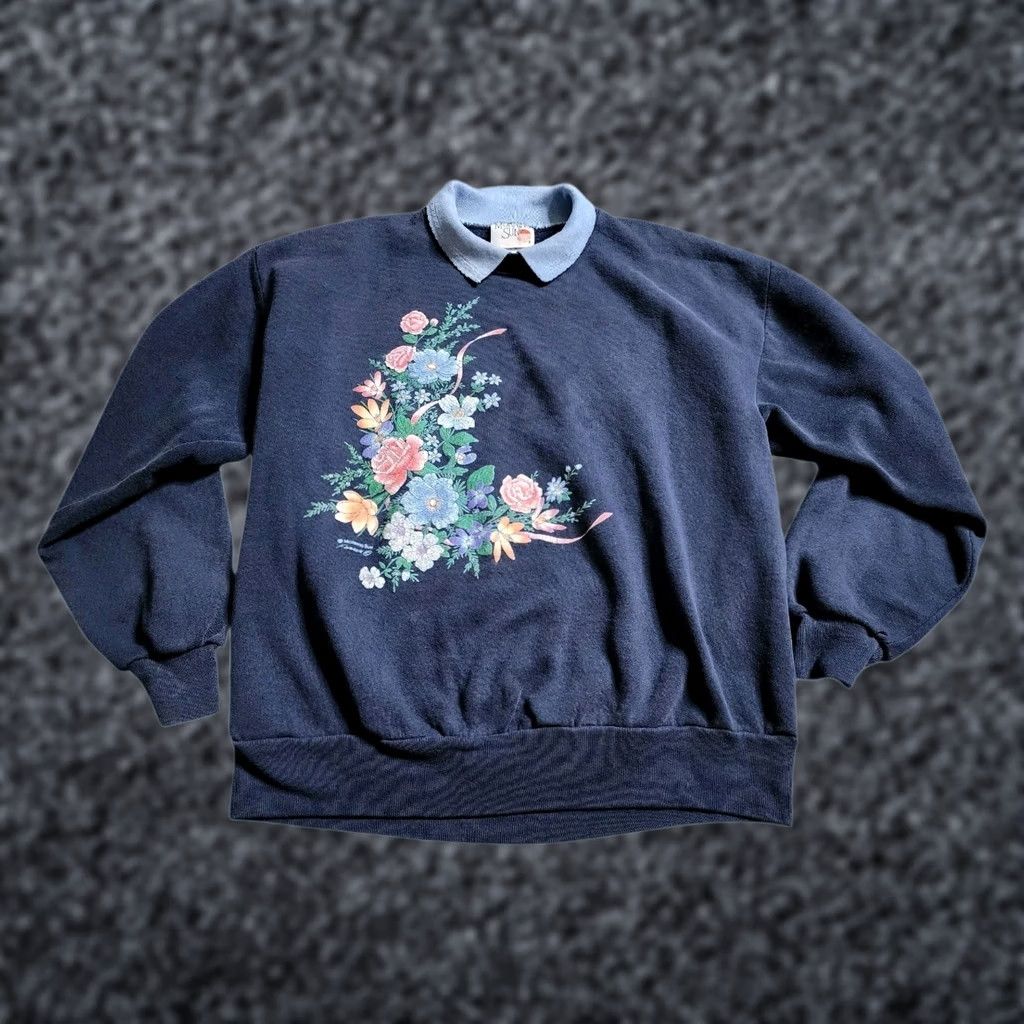 Vintage VINTAGE Morning Sun Sweatshirt Collared Blue Floral Pullover L Mens Regular All Seasons Easy Care Size L / US 10 / IT 46 - 1 Thumbnail