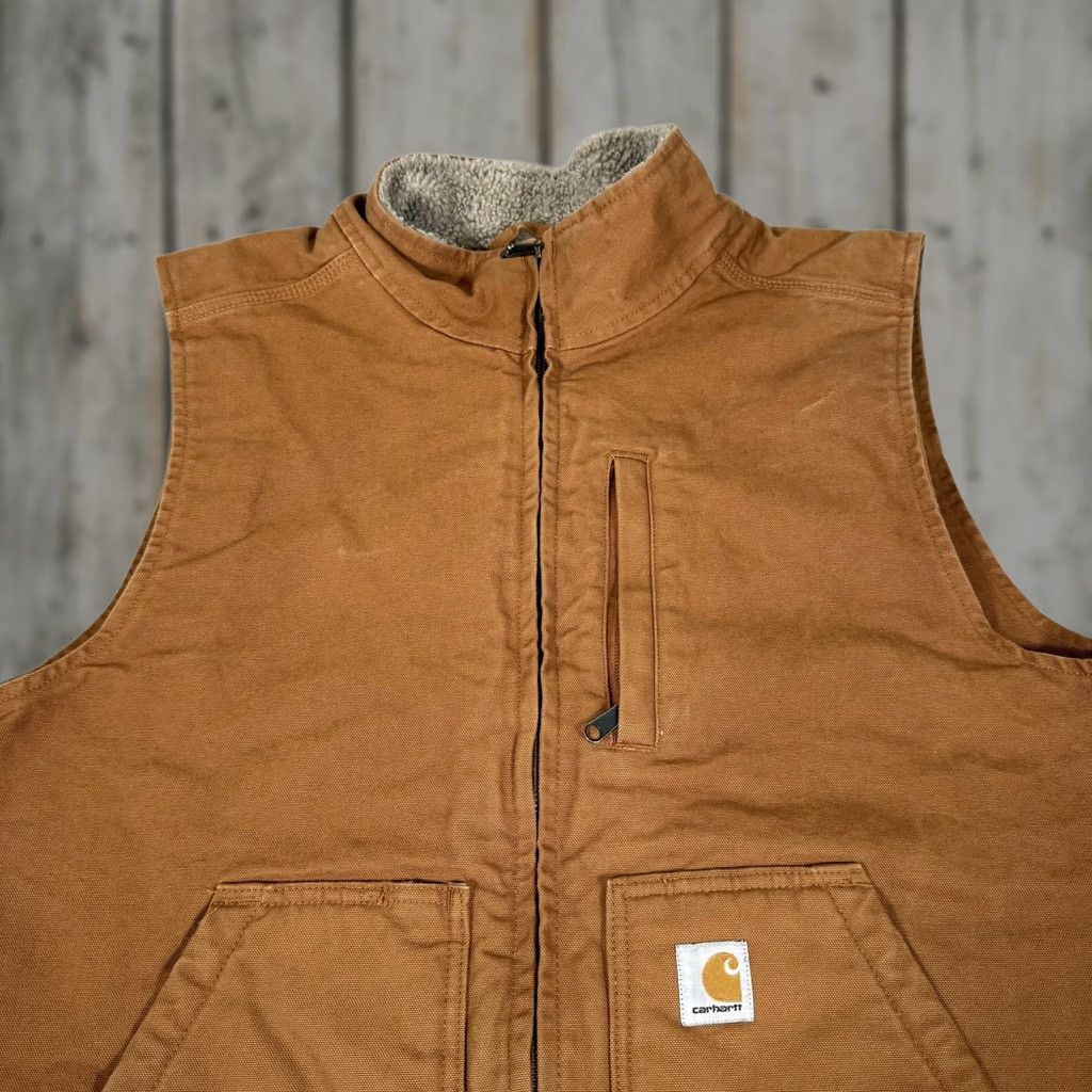 Carhartt Carhartt Vest Mens XL Brown Canvas Sherpa Lined Zip Up Workwear Size US XL / EU 56 / 4 - 1 Thumbnail