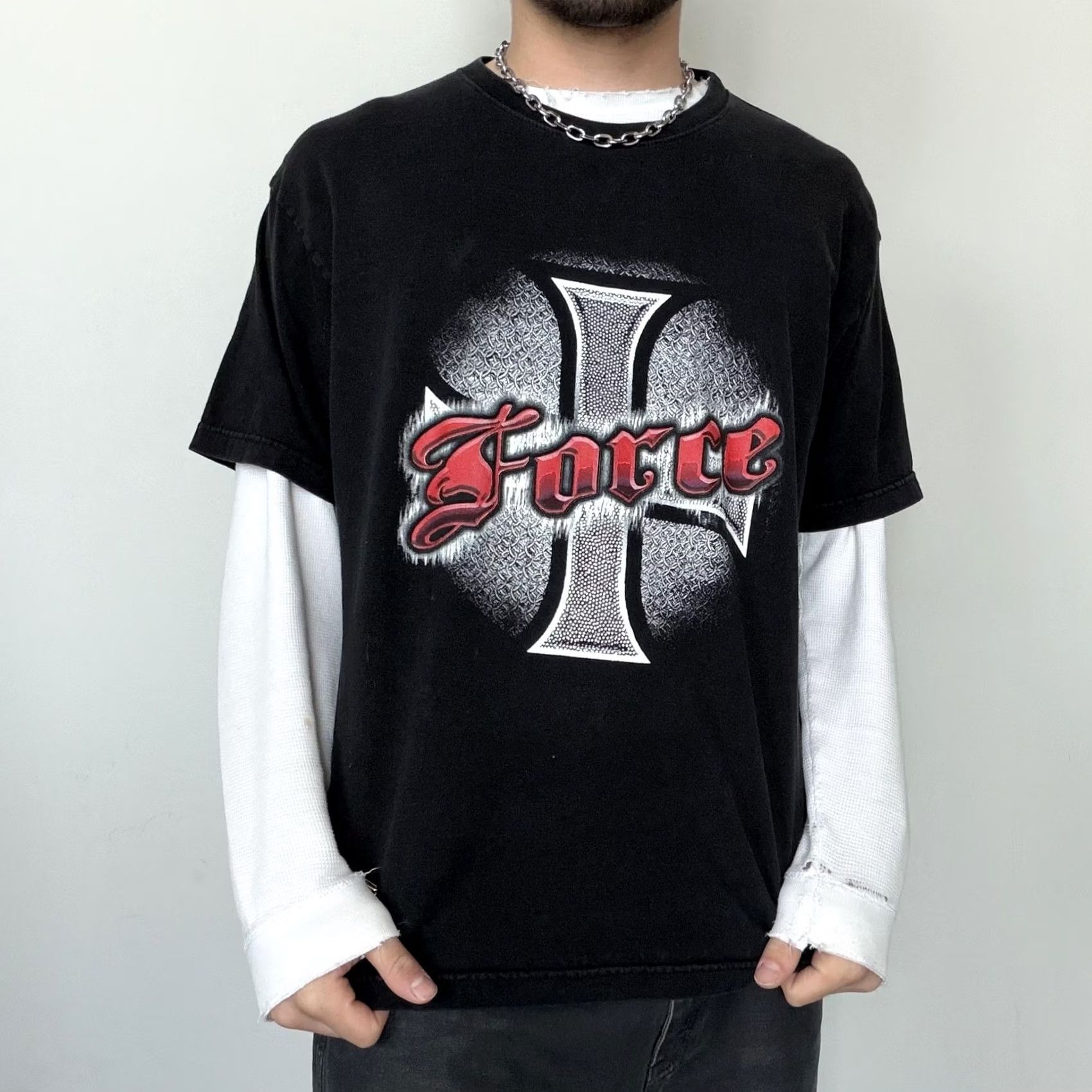 Vintage No Boundaries Y2K Grunge Skater Shirt Gothic Cross Mens Large Black Force Graphic Tee Size US L / EU 52-54 / 3 - 2 Thumbnail
