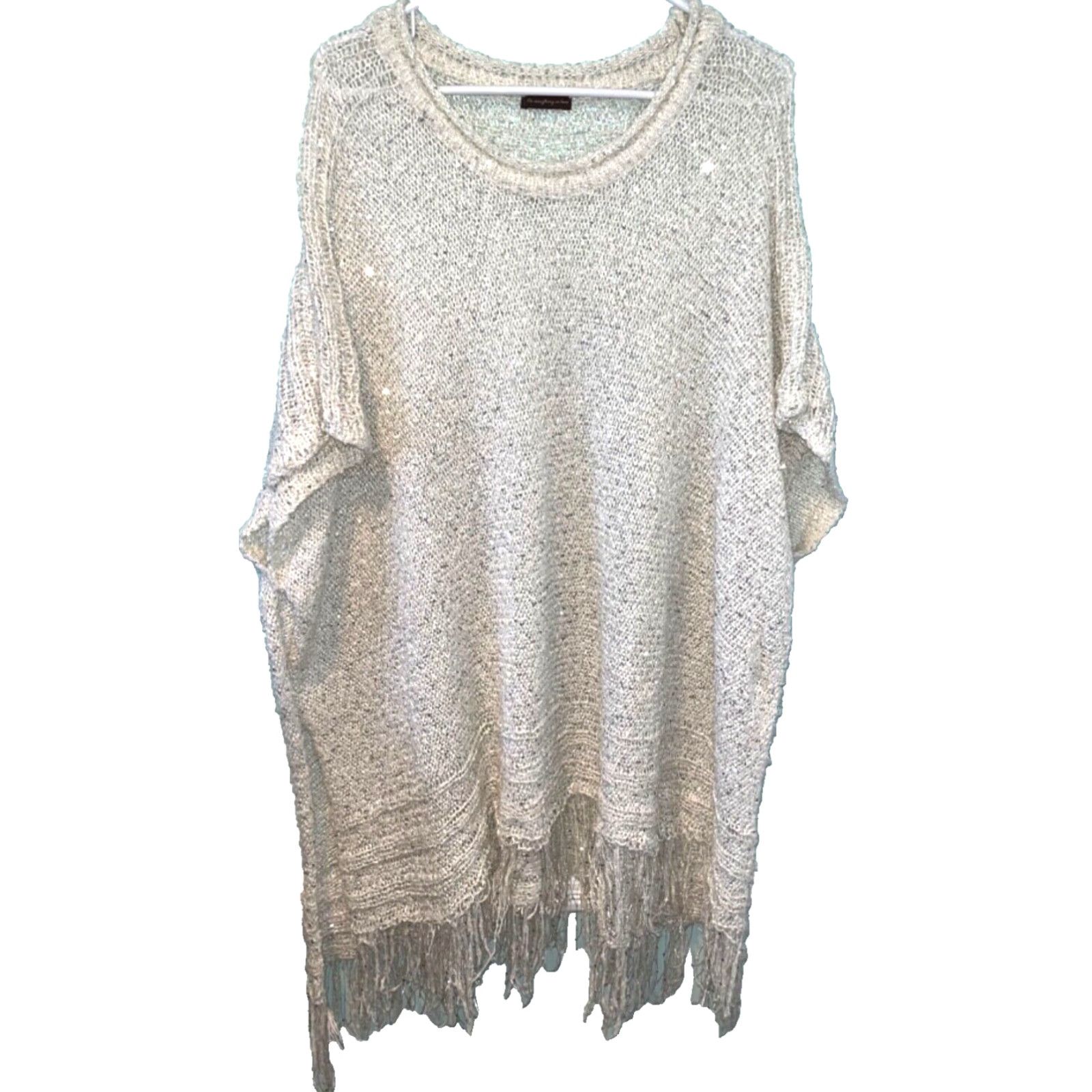 Anthropologie Anthropologie Do Everything in Love Poncho Sweater One Size Cream Open-Knit Kimono Sleeve Pom Poms Women's Knit Sweater Casual Workwear Size ONE SIZE - 8 Thumbnail