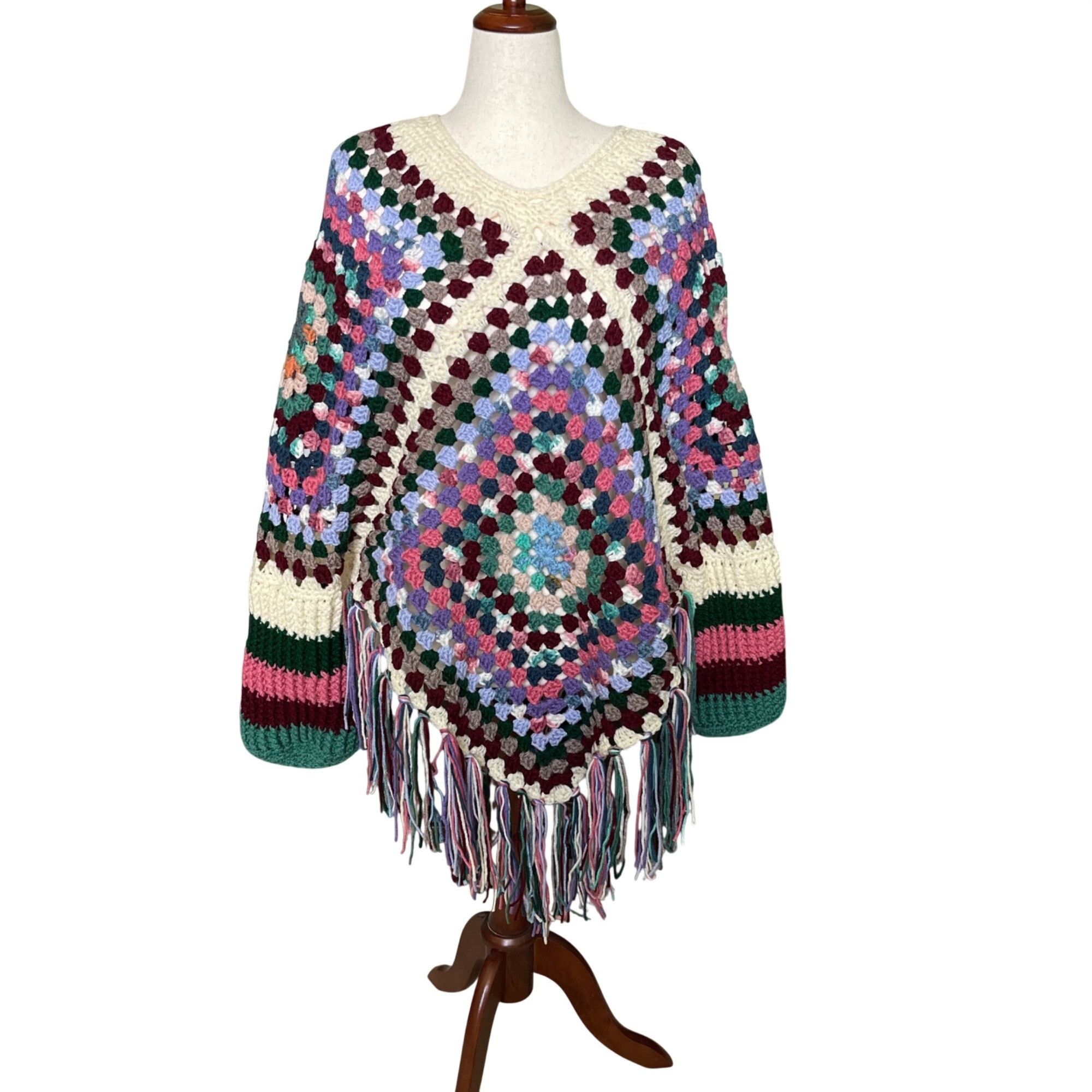 Handmade Crochet Poncho with Sleeves Granny Square Design Pattern Col Size ONE SIZE - 2 Thumbnail