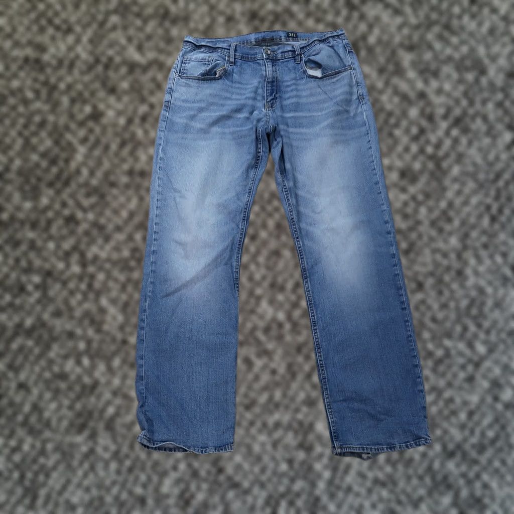 Denime Reclaim Jeans Regular Straight Men 36x34 Denim Blue Stretch Cotton Blend 5-Pocket Zipper Belt Loops Logo Distressed Light Wash Mens Size US 36 / EU 52 - 1 Thumbnail