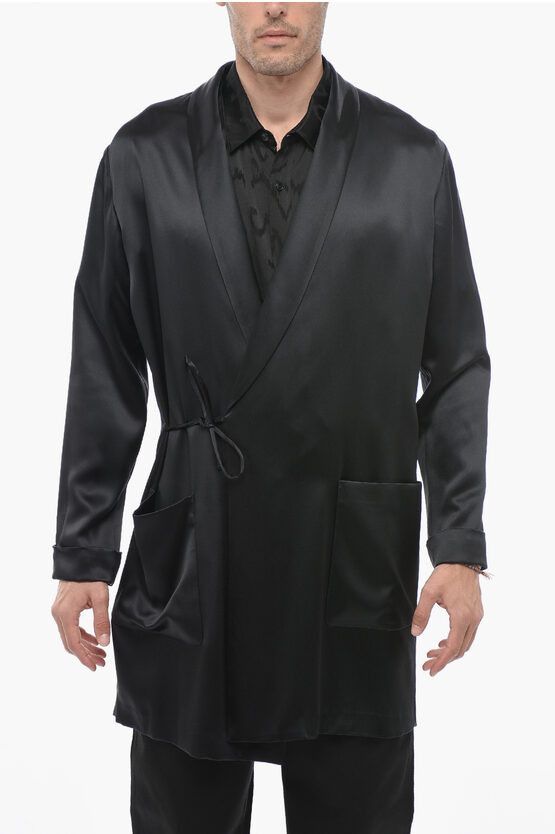 image of Saint Laurent Paris Og1Mm0524 Silk Long Blazer In Black, Men's (Size Medium)