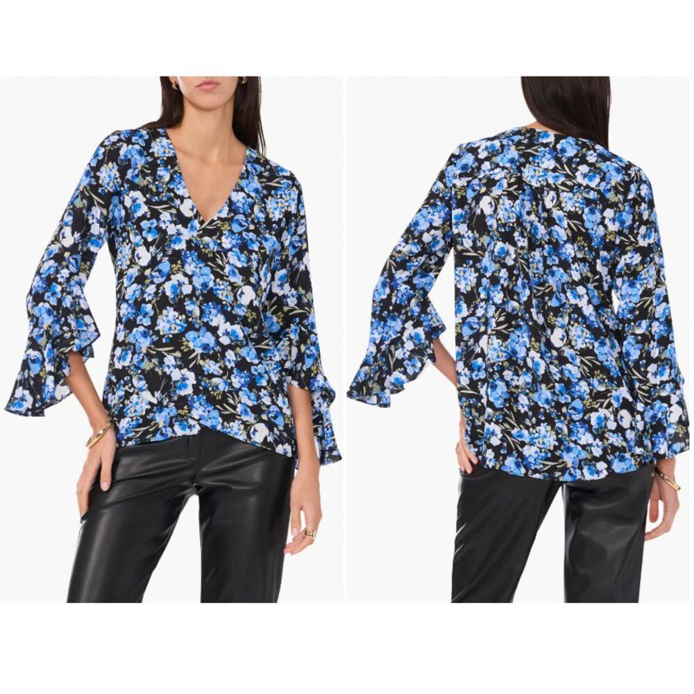 Vince Camuto NWT New Vince Camuto Blue Floral Flutter Sleeve V-Neck Blou Size M / US 6-8 / IT 42-44 - 1 Thumbnail