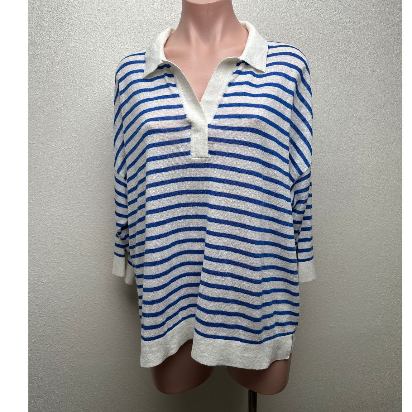 Other Poetry Ivory Blue Stripe Collared V-Neck Boxy Sweater US 12 Size XL / US 12-14 / IT 48-50 - 1 Thumbnail