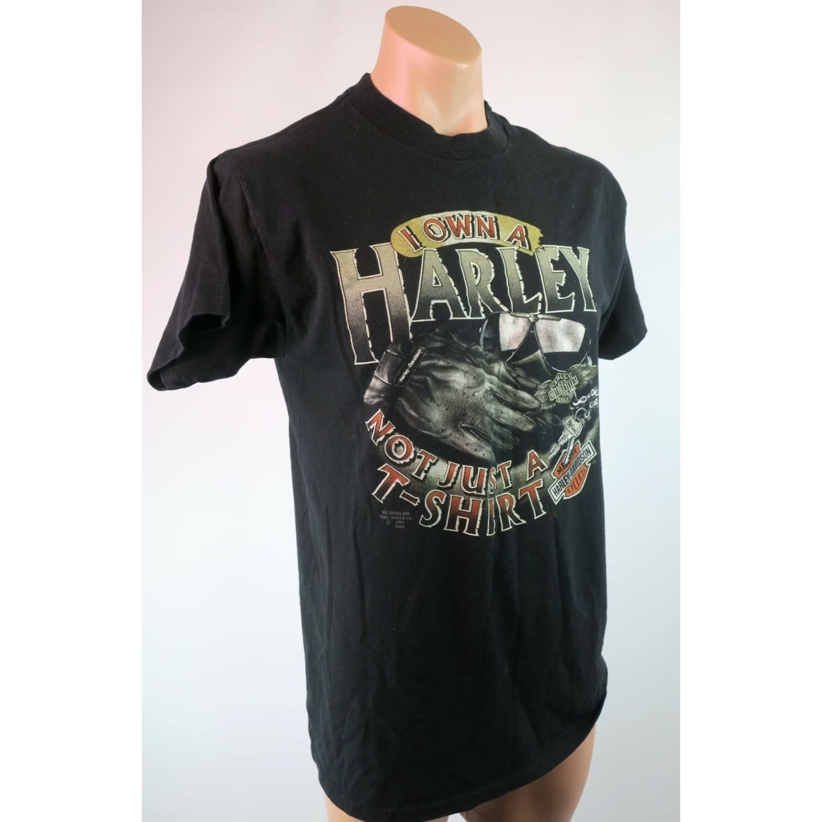 Vintage VTG 1990s "I OWN A HARLEY NOT JUST A T SHIRT" 3D EMBLEM Graphic Tee L Black Mens Size US L / EU 52-54 / 3 - 4 Thumbnail