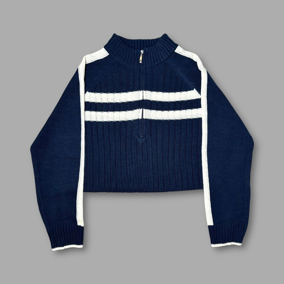 Other Cotton Emporium Women’s Blue White Zip Up Crop Sweater Sz M Size M / US 6-8 / IT 42-44 - 6 Thumbnail