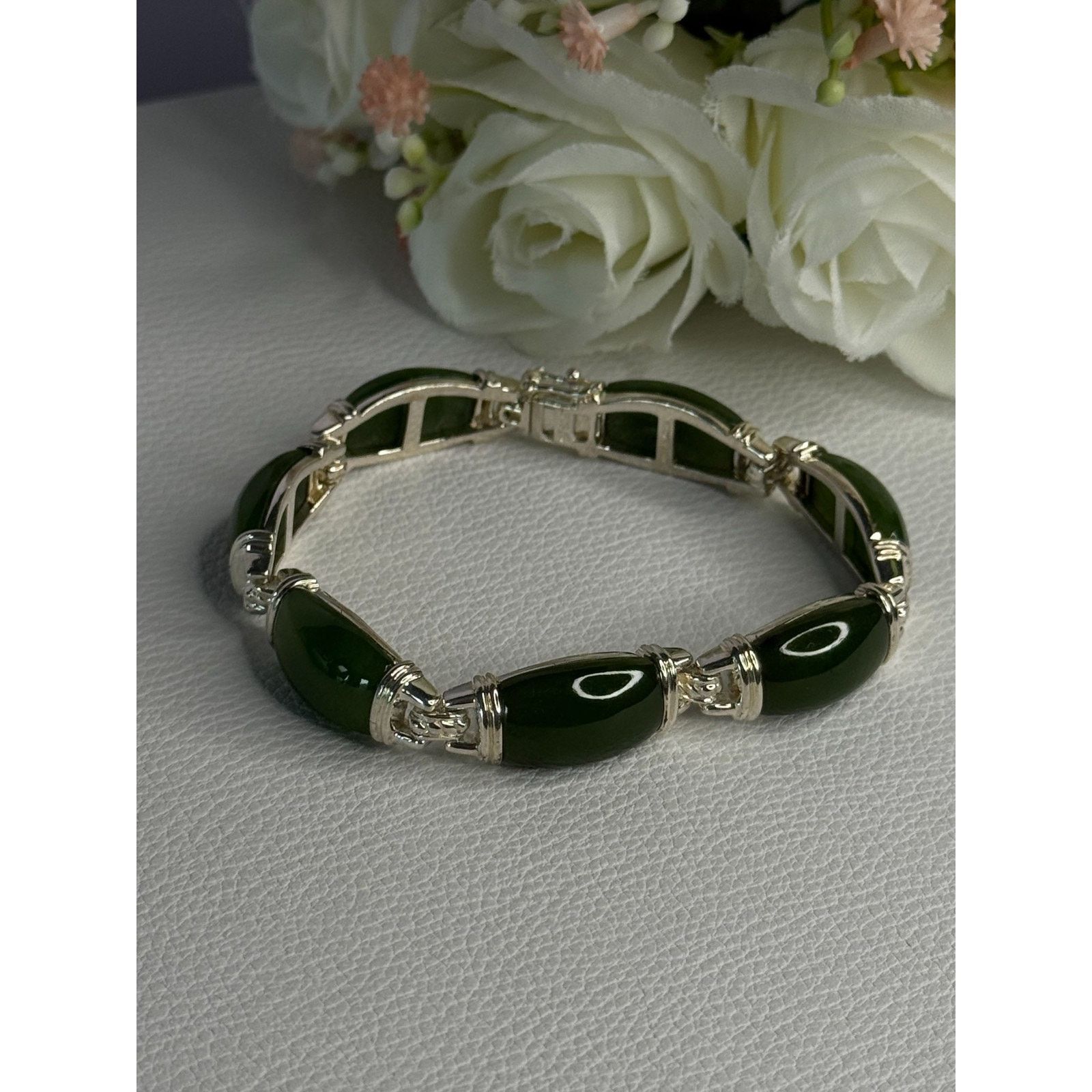 Jewelry 925 STERLING SILVER GREEN NEPHRITE BRACELET LENGTH 7.5 Size ONE SIZE - 6 Thumbnail