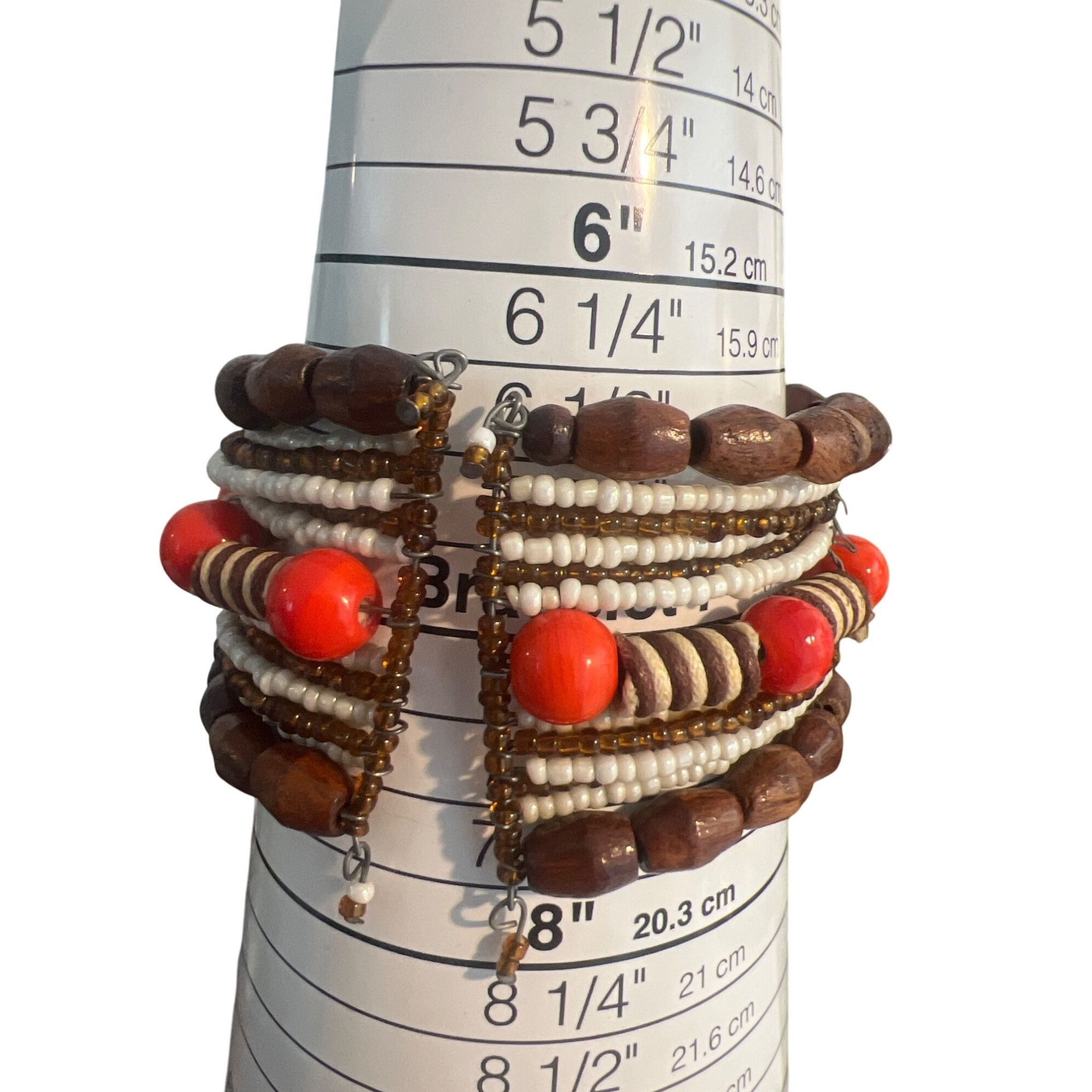Other Vintage Memory Wire Cuff Bracelet Wood Ceramic Beads Brown O Size ONE SIZE - 5 Thumbnail
