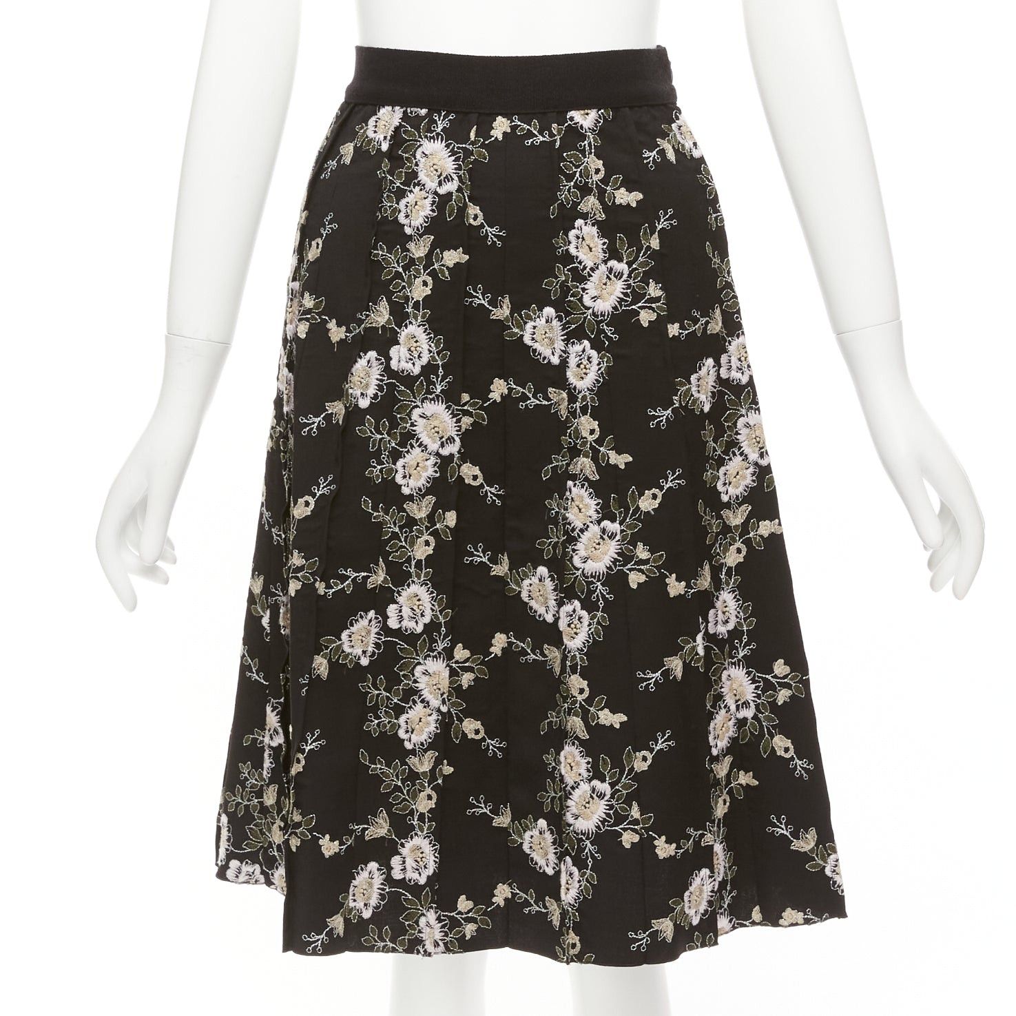 image of Giambattista Valli Black Pink Floral Embroidered 100% Wool Midi Skirt It38 Xs, Women's (Size 26)