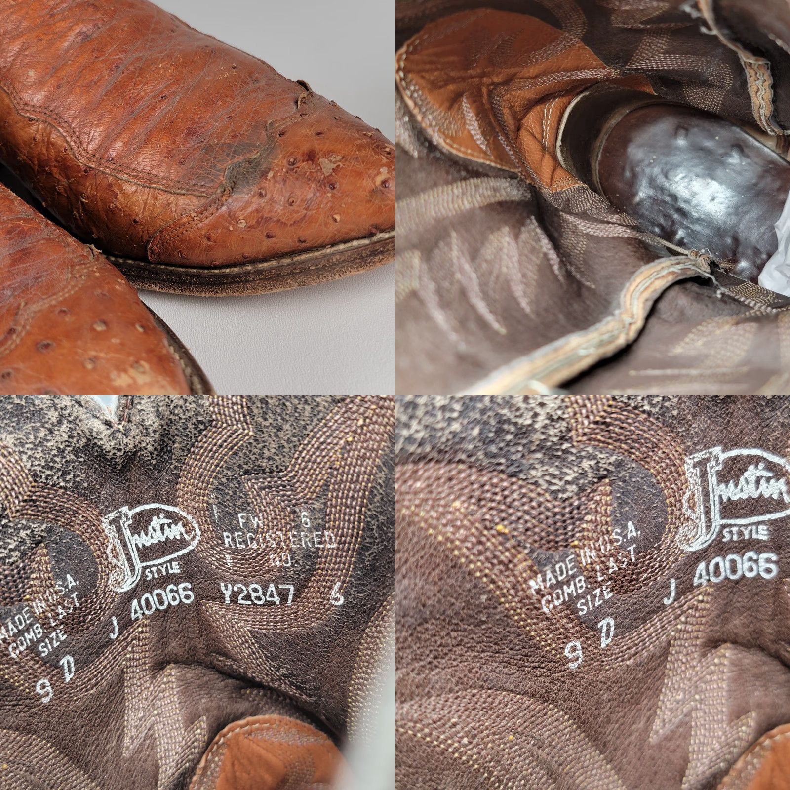 Justin Boots VINTAGE Justin Boots Western Boot J4066 - 9D - Brown - USA - Men - Ostrich Leather - Pull On - Almond Toe Size US 9 / EU 42 - 10 Thumbnail