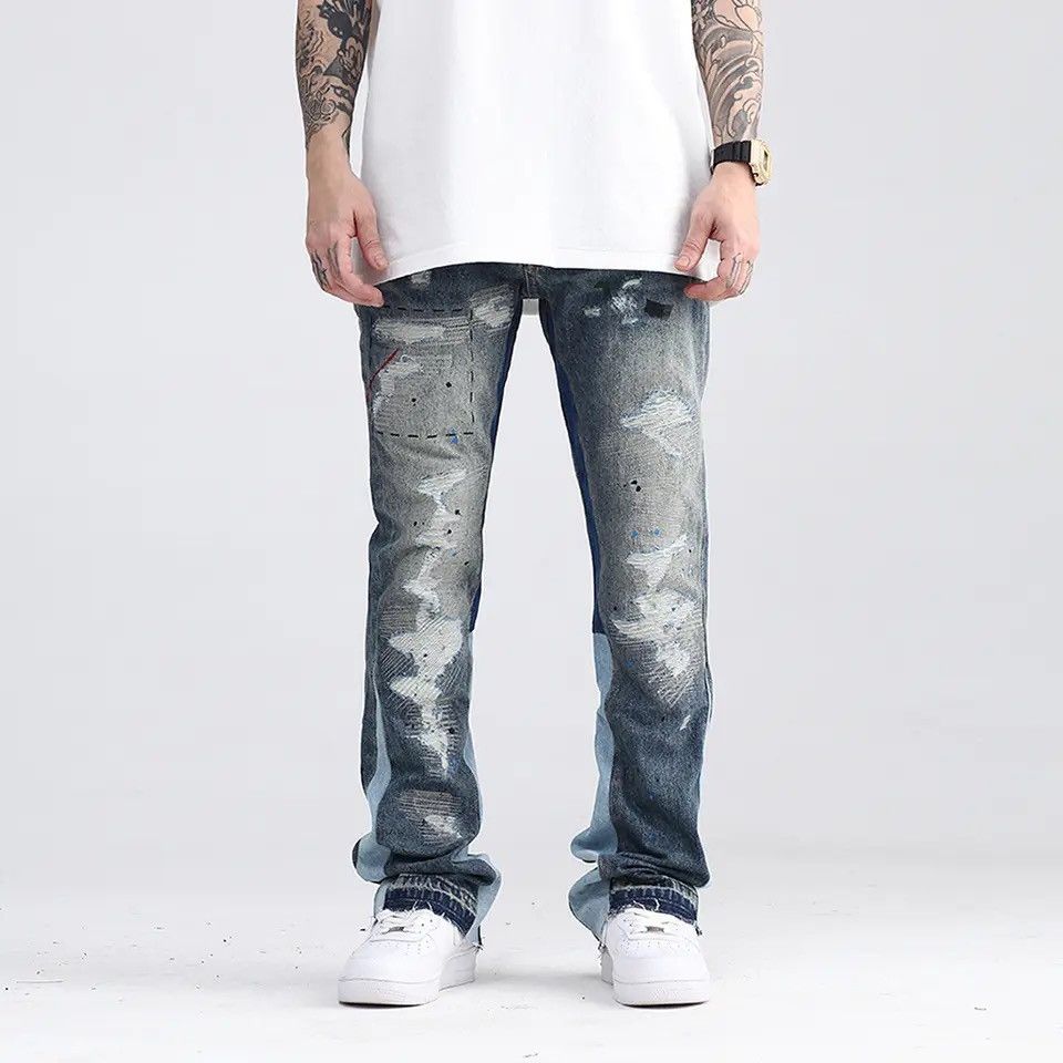 Blue Speckle ink Washed Destroyed Flared Jean