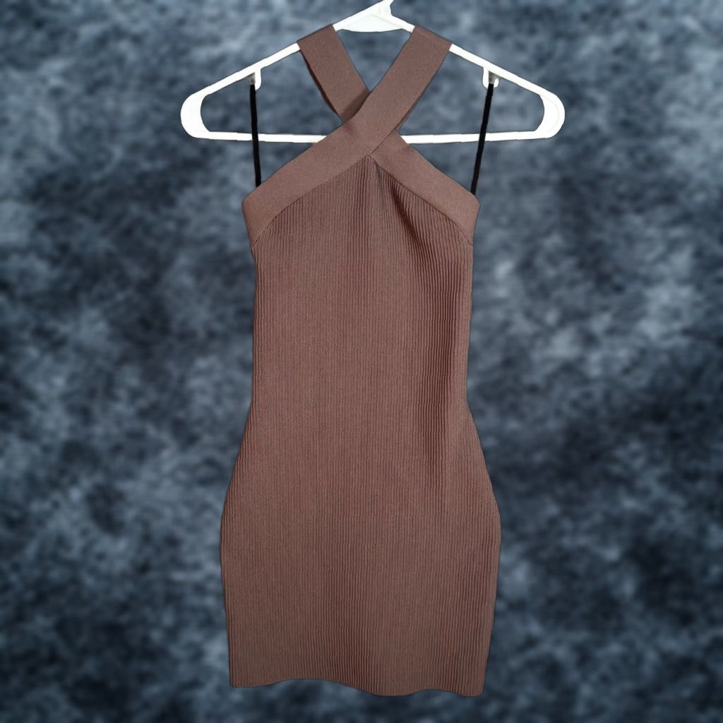 Vintage Babaton Womens XS Sleeveless Cross-Back Bodycon Knit Dress - Short, Mauve Brown, Casual, Pullover Size XS / US 0-2 / IT 36-38 - 1 Thumbnail