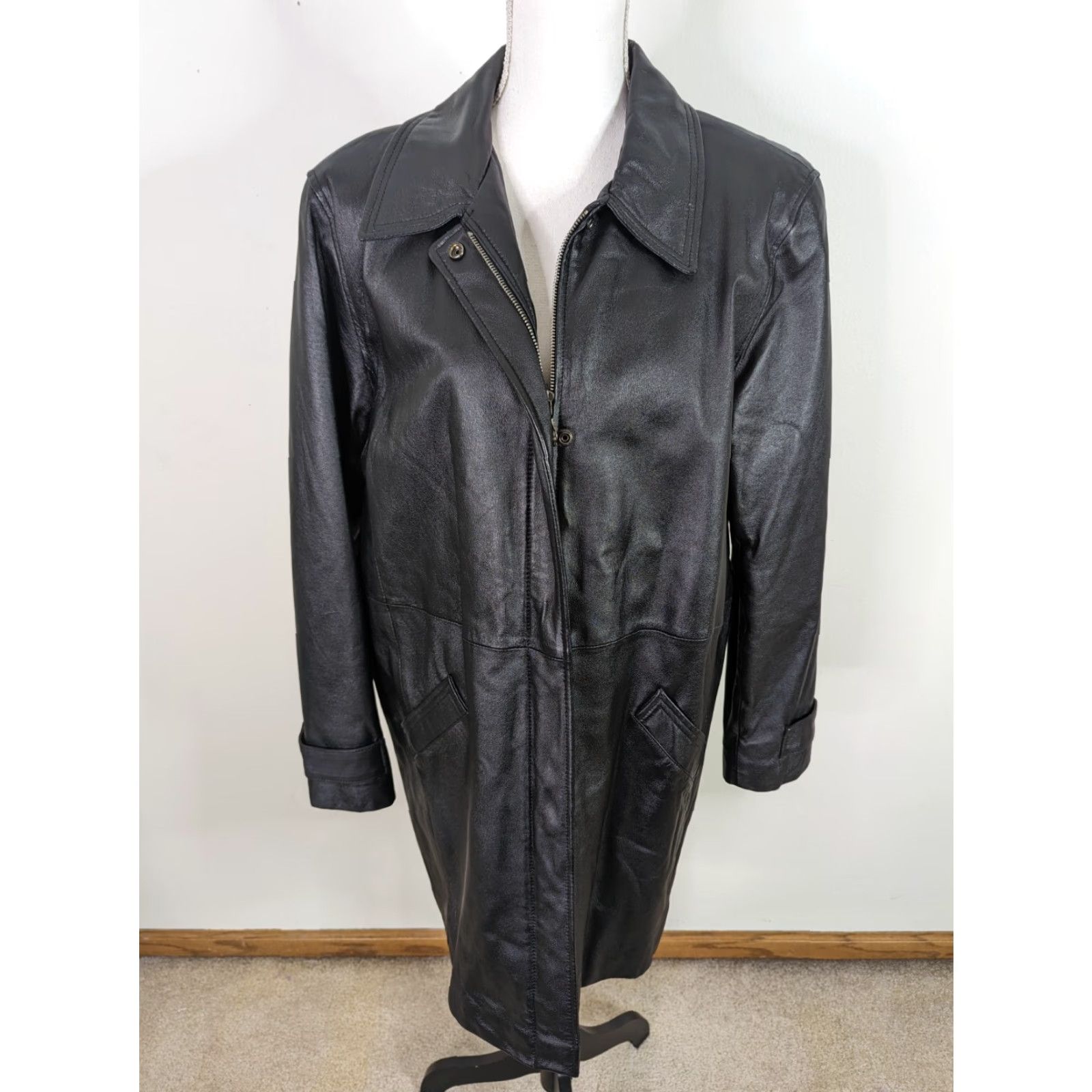 Vintage VINTAGE Leather Long Trench Biker Bomber Black Jacket Coat Women's Large Size L / US 10 / IT 46 - 2 Thumbnail