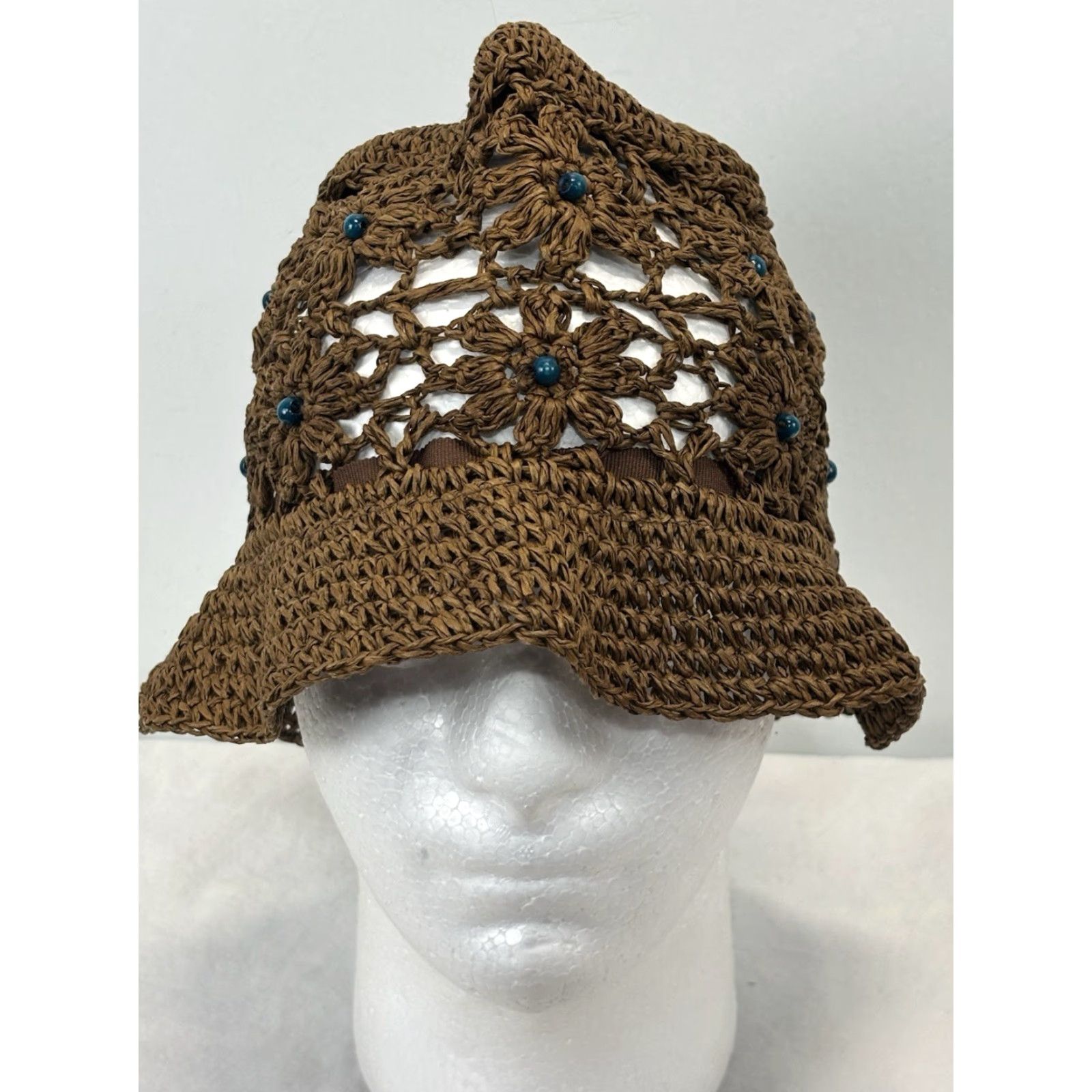 Vintage Unbranded Hat Bucket Crochet Raffia Bead Women’s Blue Brown One Size Y2K Hippie Indie Grunge Womens Size ONE SIZE - 2 Thumbnail