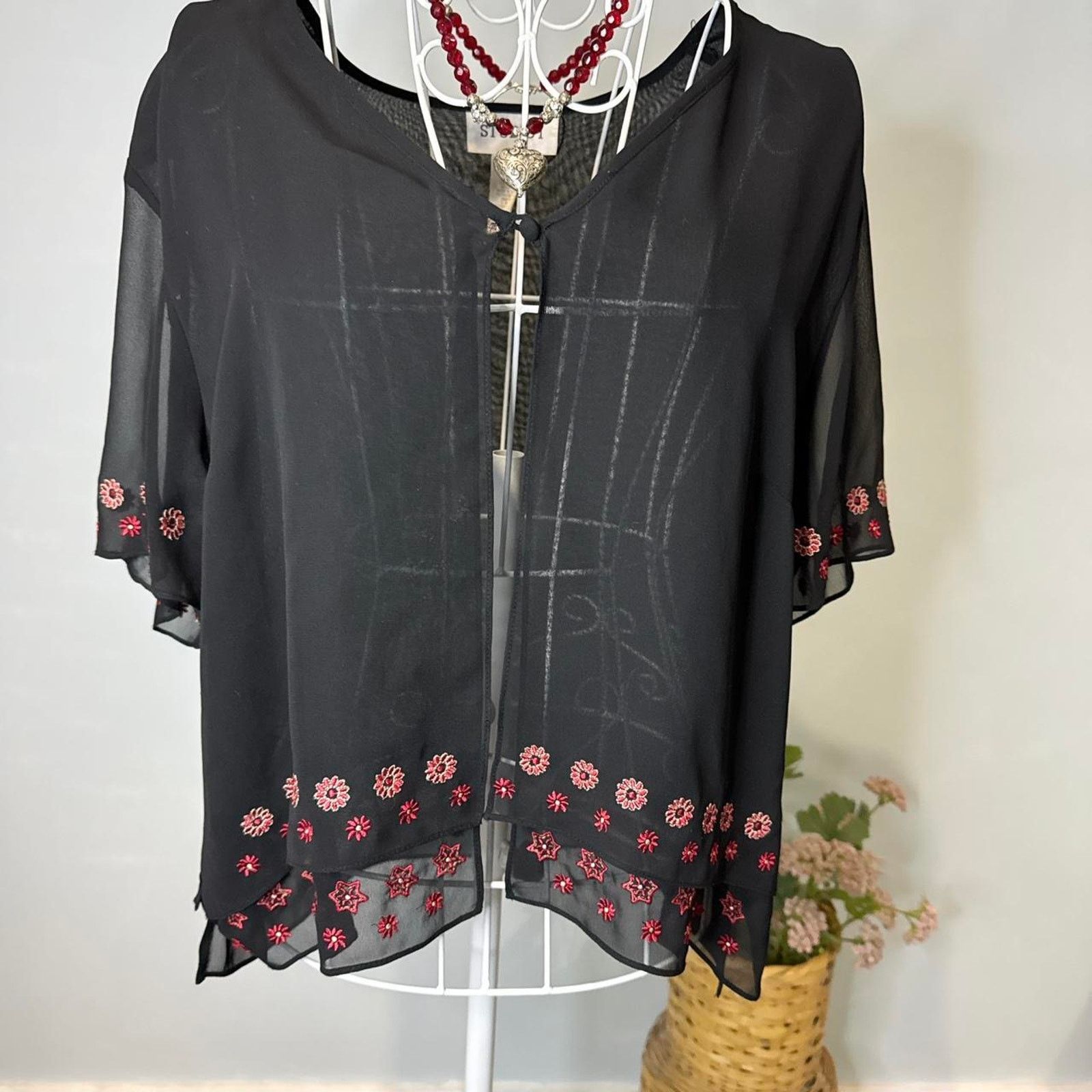 Other black & red vintage 90s sheer embroidered pull over top Size M / US 6-8 / IT 42-44 - 3 Thumbnail