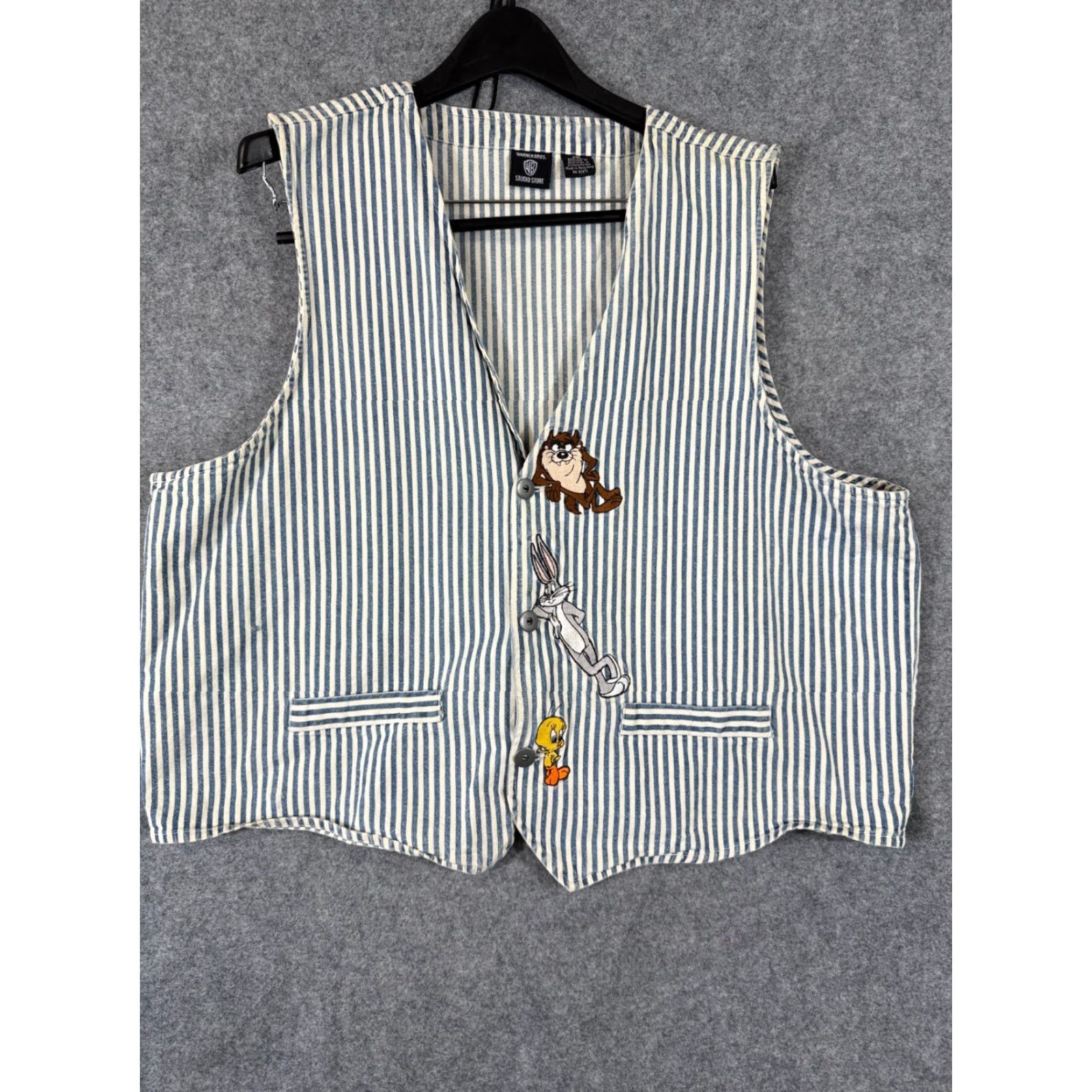 Vintage VINTAGE Warner Bros. Denim Vest Womens 2XL Blue White Striped Taz & Tweety 1996 Casual Vest Womens 2XL Blue White Striped Cartoon 90s Mens/ Womens Size XXL / US 16-18 / IT 52-54 - 3 Thumbnail