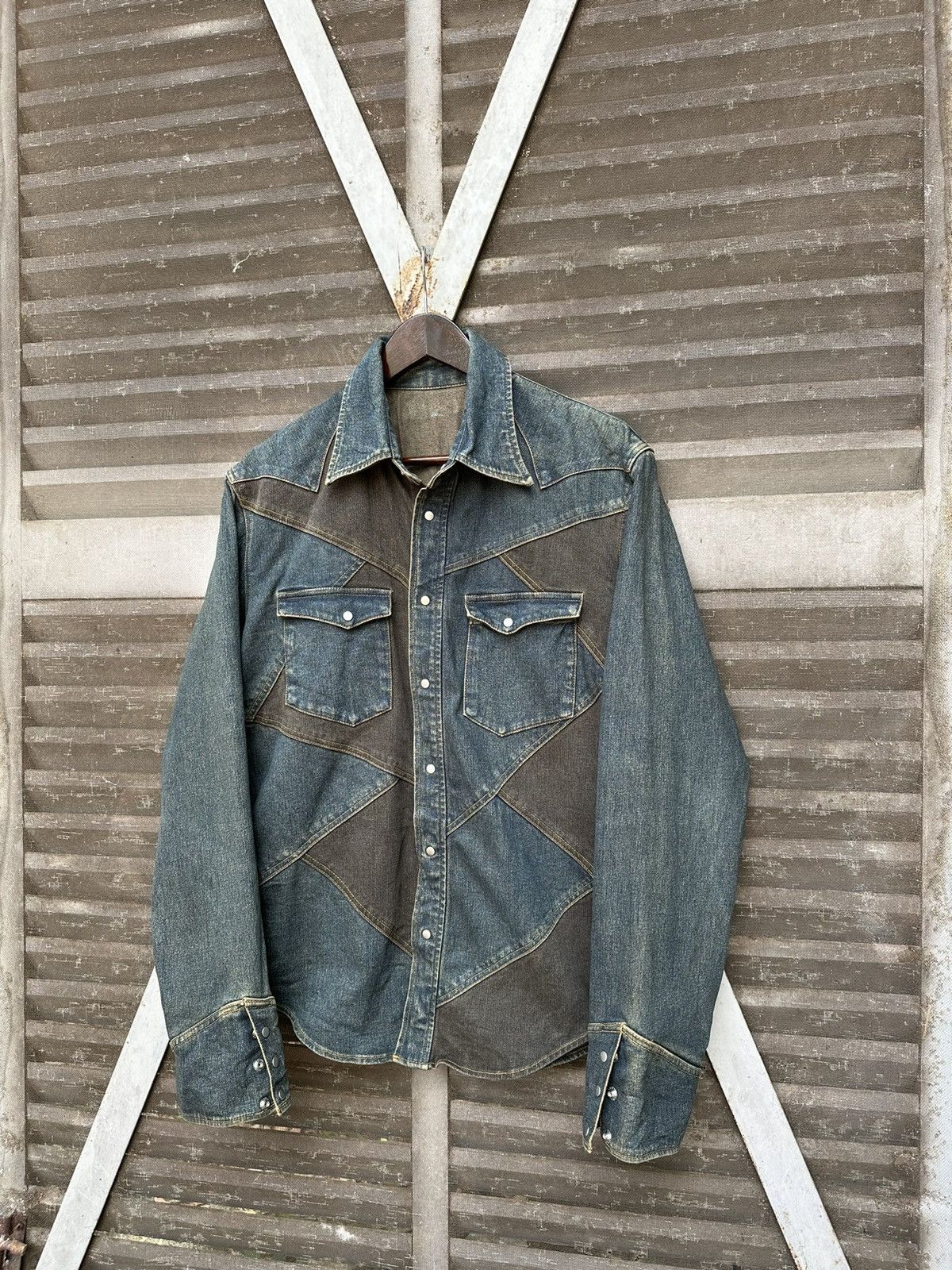 Vintage 🏇Vintage Cowboy Style Patchwork Denim Jacket Size US L / EU 52-54 / 3 - 1 Thumbnail