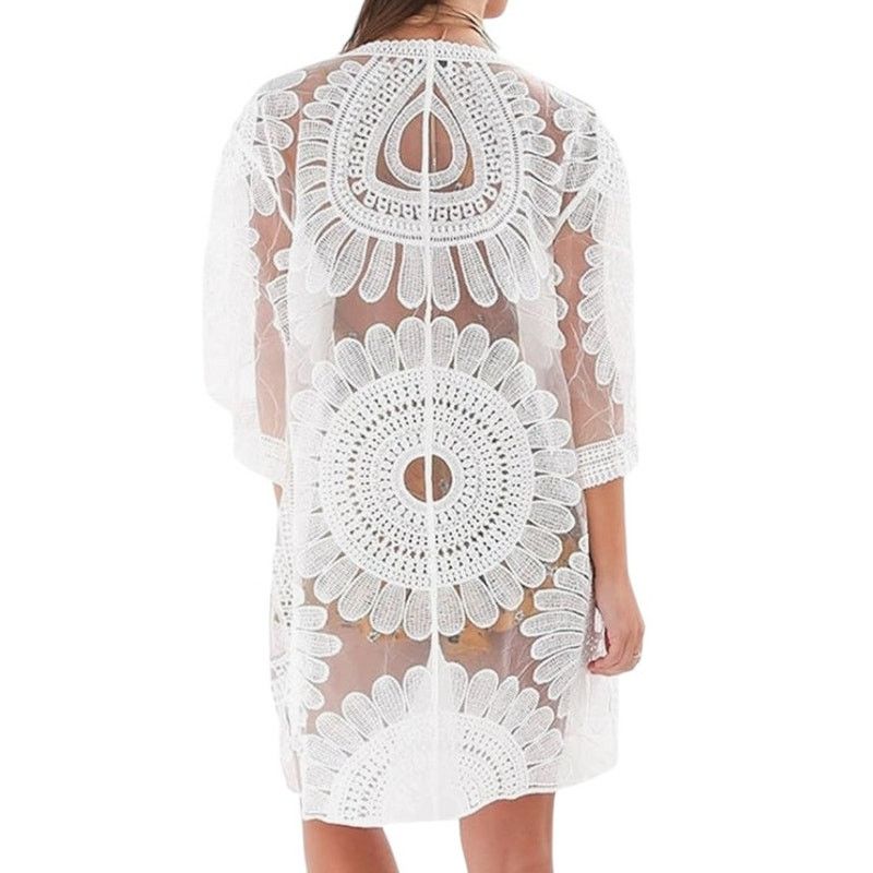 Other White Floral Long Sleeve Swimsuit Cover Up Long Kimono Size ONE SIZE - 2 Thumbnail