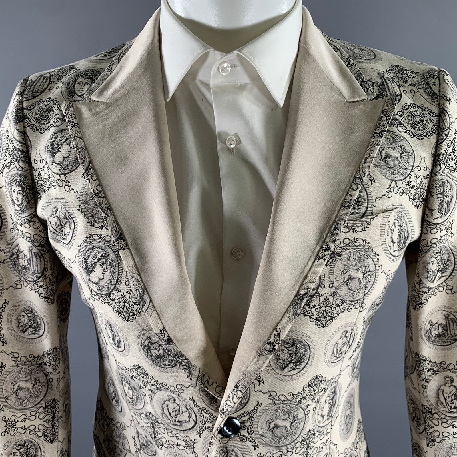 Dolce & Gabbana DOLCE & GABBANA 38 Cream Black Greca Peak Lapel Sport Coat Size 38R - 2 Thumbnail
