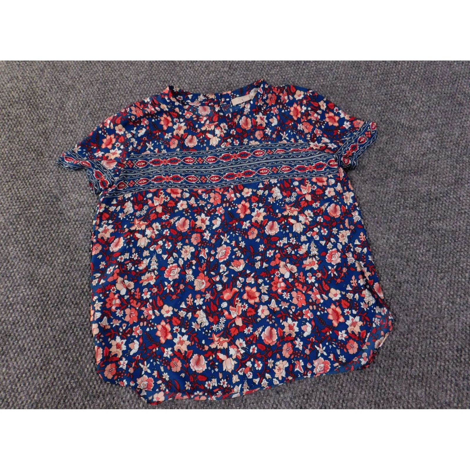 Ann Taylor Loft Blouse Womens M Blue Red Floral Boho Short Sleeve Lightweight Top Size M / US 6-8 / IT 42-44 - 4 Thumbnail