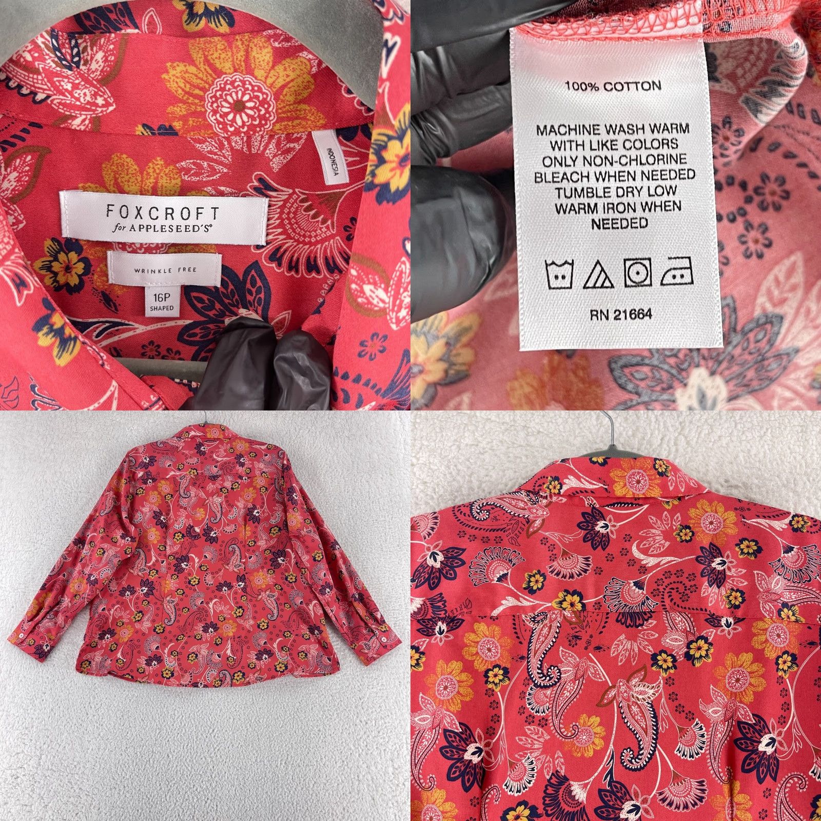 Vintage Foxcroft Button-Up Shirt Womens Size 16 Petite Red Paisley Long Sleeve Cotton Size XXL / US 16-18 / IT 52-54 - 8 Thumbnail
