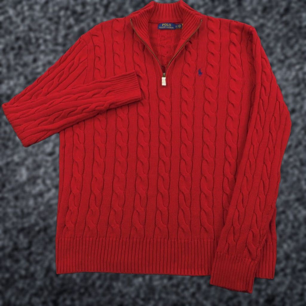 Polo Ralph Lauren Sweater Mens Large Red 1/4 Zip Pullover Cableknit Navy Pony