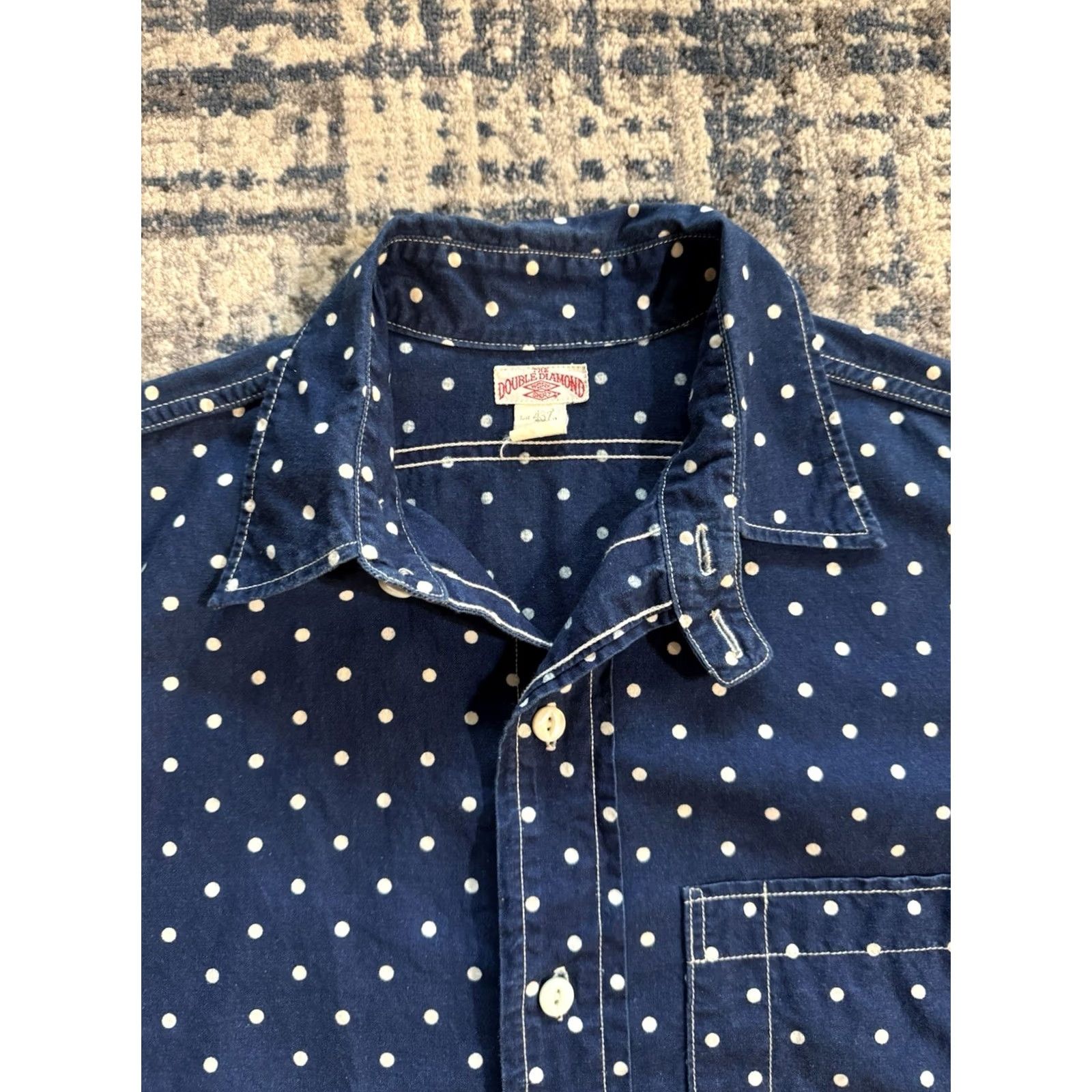 Vintage The Real McCoy’s Double Diamond Chin Strap Stifel Dot Pattern Work Shirt Size 14 Blue Cotton Polka Dot Long Sleeve Button-Up 20s 30s Mens Size US S / EU 44-46 / 1 - 2 Thumbnail
