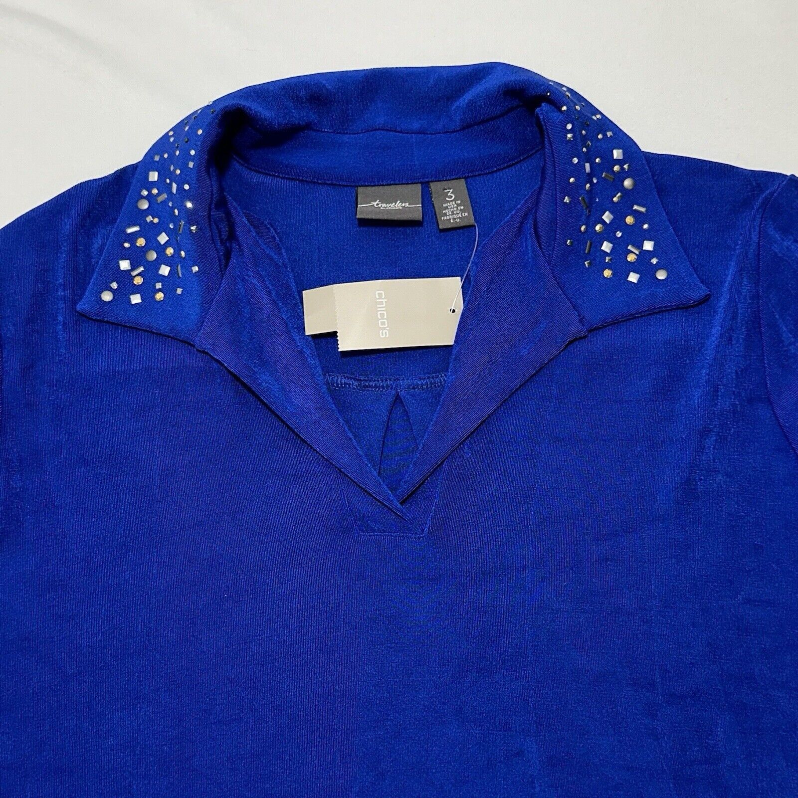 Chicos Chico's XL Blue Embellished Collar 3/4 Sleeve Blouse Acetate Size XL / US 12-14 / IT 48-50 - 2 Thumbnail