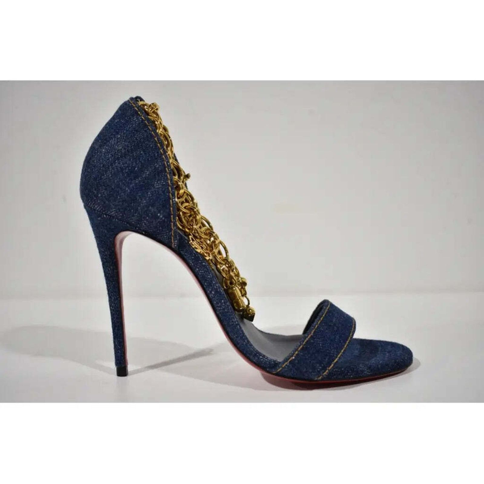 Christian Louboutin Gourmi Sandal 100 Denim Gold Charm Ankle Strap Heel Pump 36 Size US 6 / IT 36 - 2 Thumbnail
