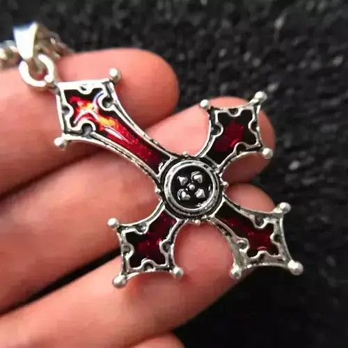 Chain x Jewelry Chrome Red Silver Cross Goth God Pendant Necklace Star Demon, Men's