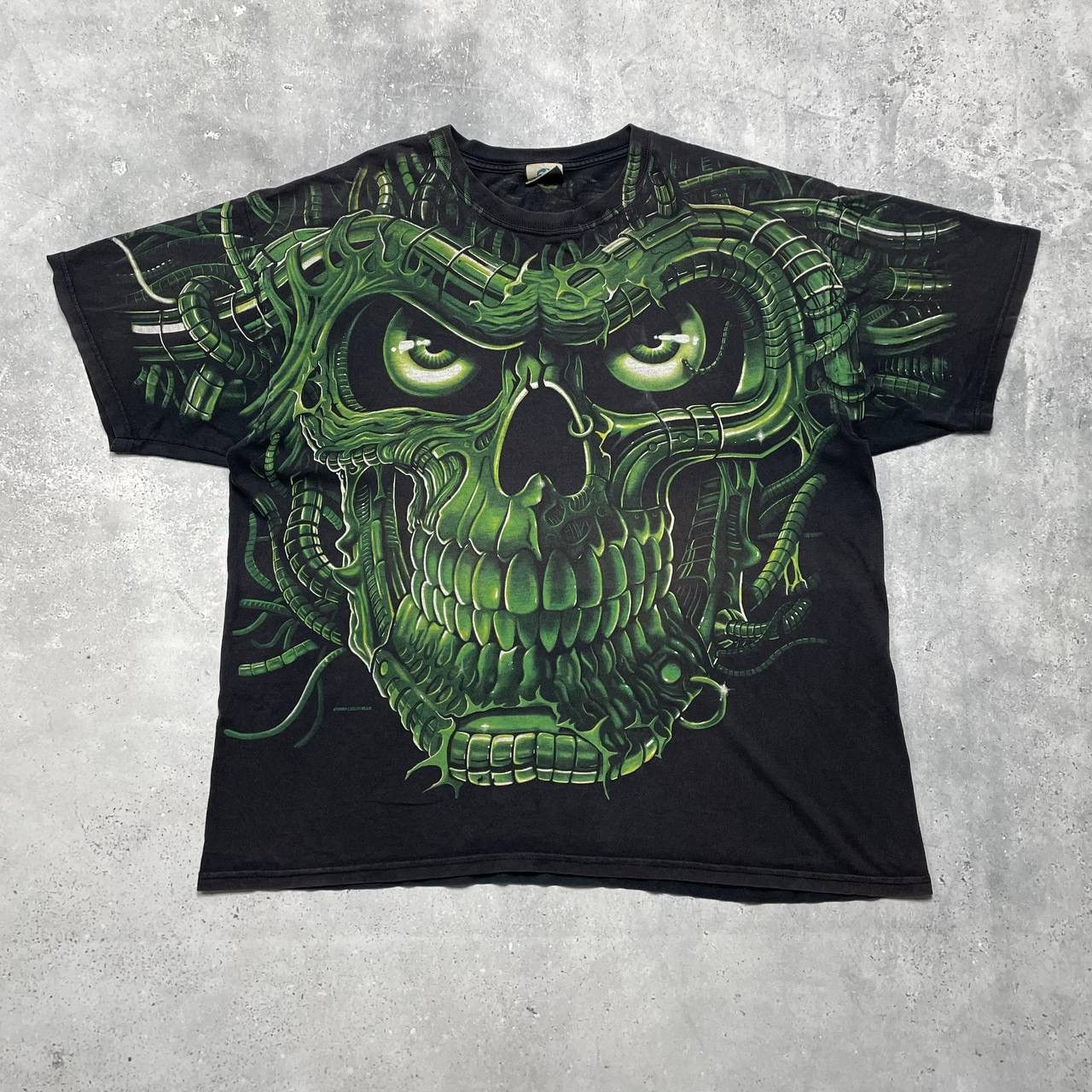 image of 1998 Liquid Blue Terminator Skull Aop T Shirt in Black/Green, Men's (Size XL)