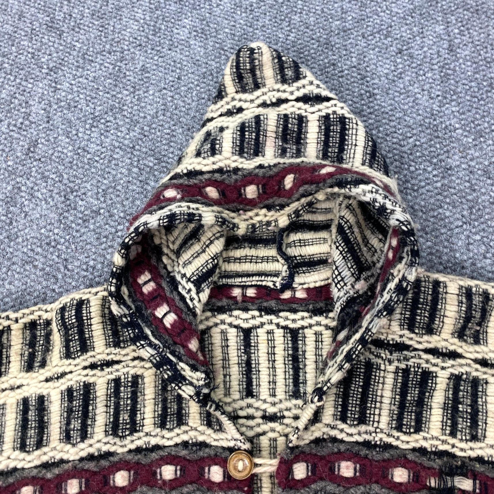 Vintage VINTAGE Hooded Sweater Mens Medium Ivory Cream Black Burgundy Woven Boho Geometric Pullover Mens Size US M / EU 48-50 / 2 - 2 Thumbnail