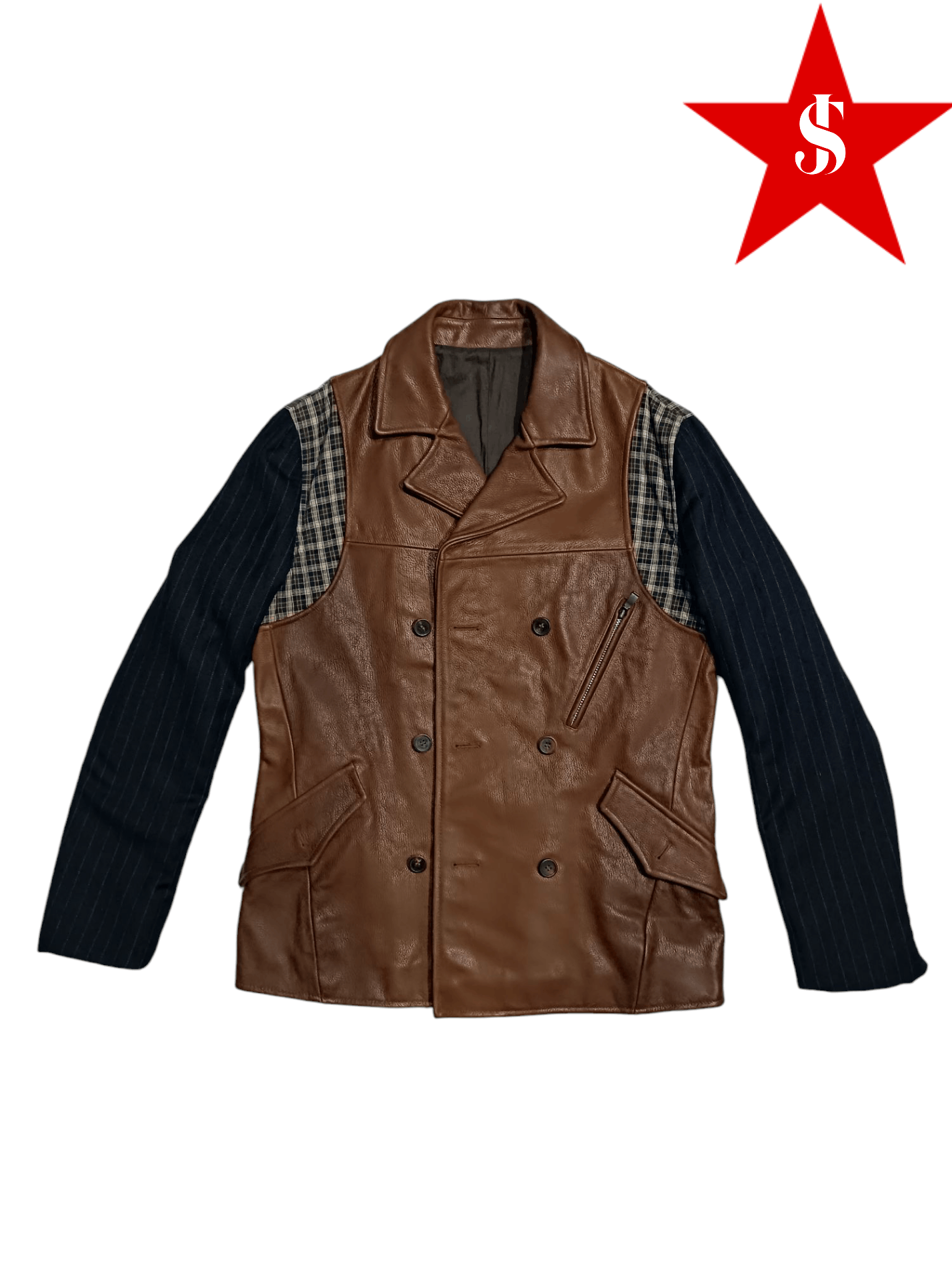 Leather × Other Brown Leather Combine Polyester Peacoat Double Breasted Size US L / EU 52-54 / 3 - 1 Thumbnail