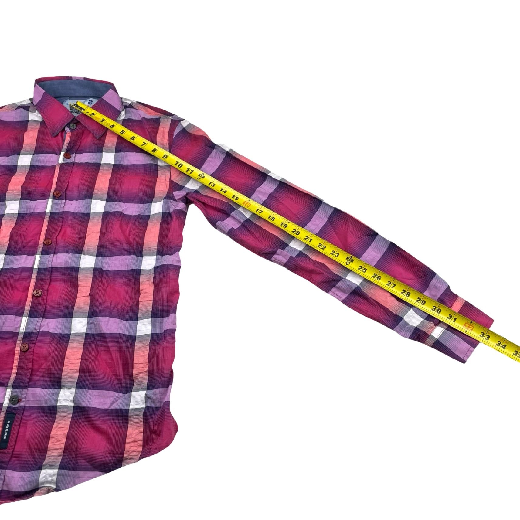 Desigual La Vida Es Chula! x Desigual Men's Button Shirt Pink/Purple Plaid Medium Shirt Mens Button-Up Cotton/Polyester Regular Long Sleeve Collared Size US M / EU 48-50 / 2 - 7 Thumbnail