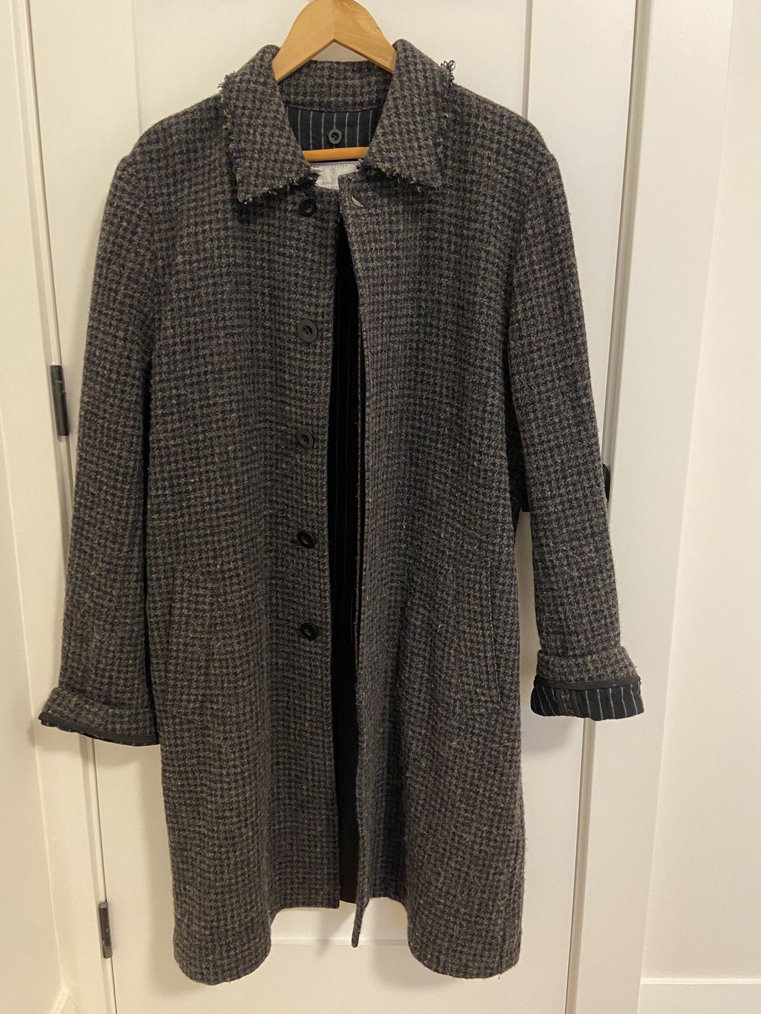 Pre-owned Sacai Tweed Check Overcoat 14-00693m In Gray