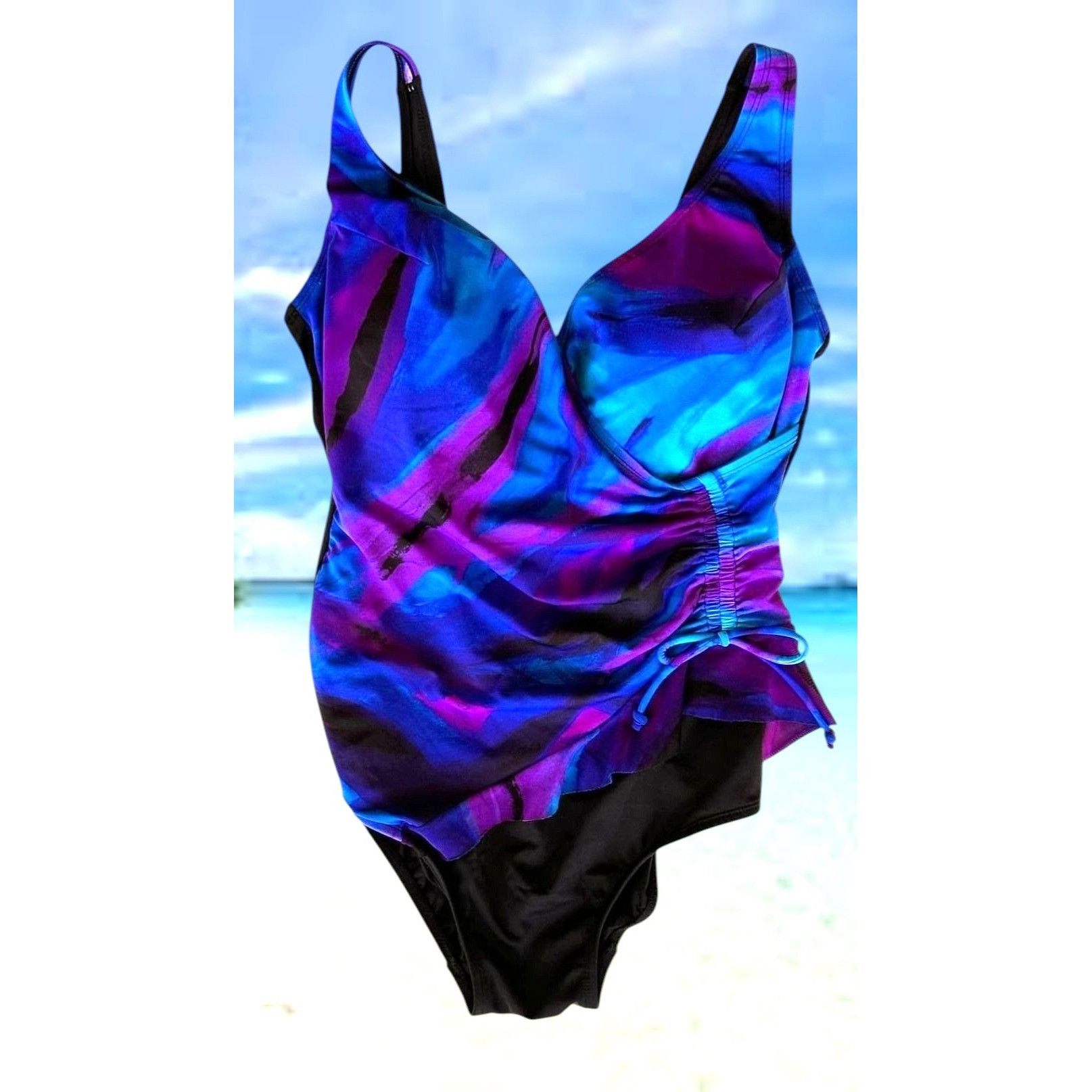 Vintage Robby Lynn Swimsuit 18W Blue One Piece Floral Wrap Front Bea Size XL / US 12-14 / IT 48-50 - 1 Thumbnail