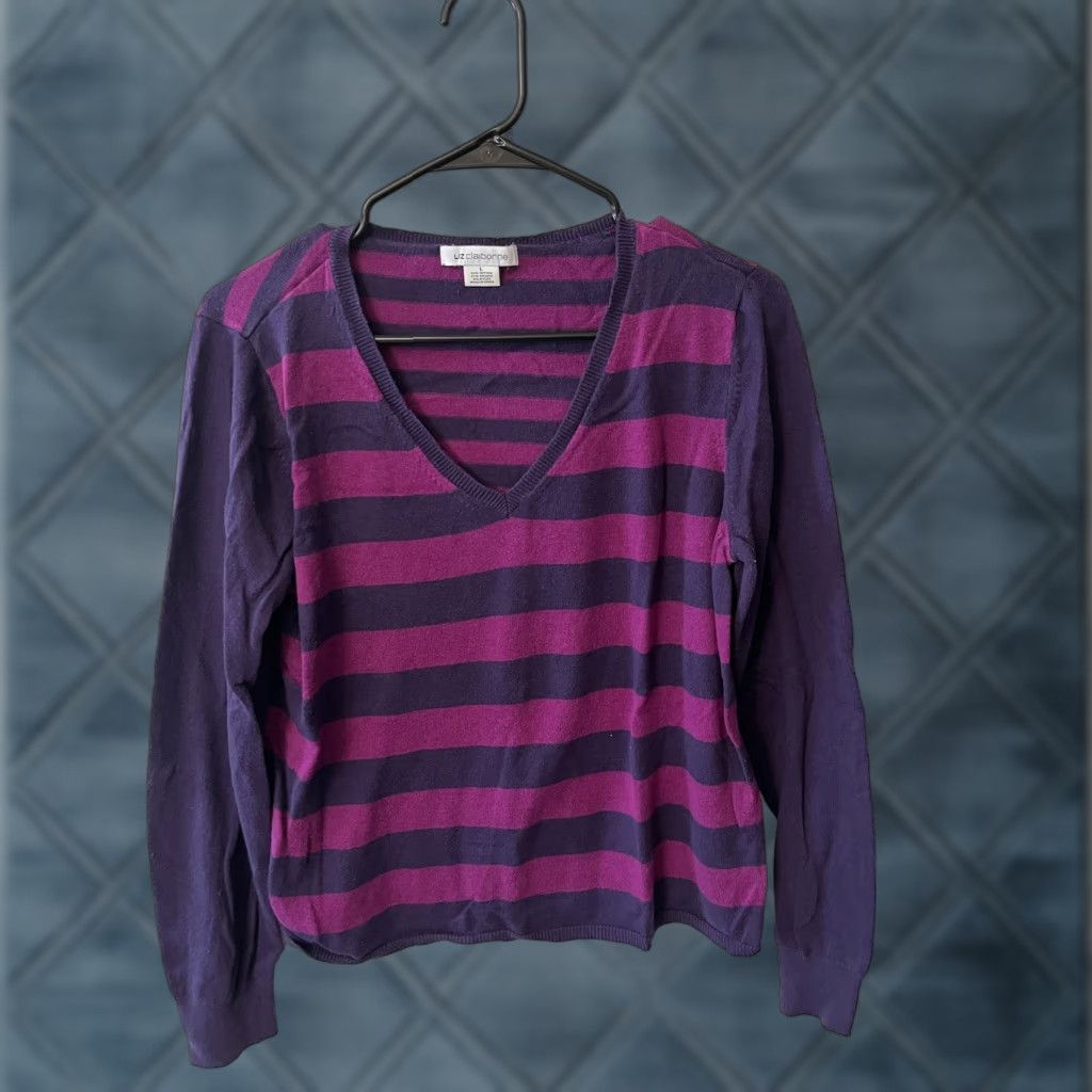 Liz Claiborne VINTAGE Liz Claiborne Women's Sweater Long Sleeve V-Neck Striped Pullover Size L Purple Cotton Viscose Size L / US 10 / IT 46 - 1 Thumbnail