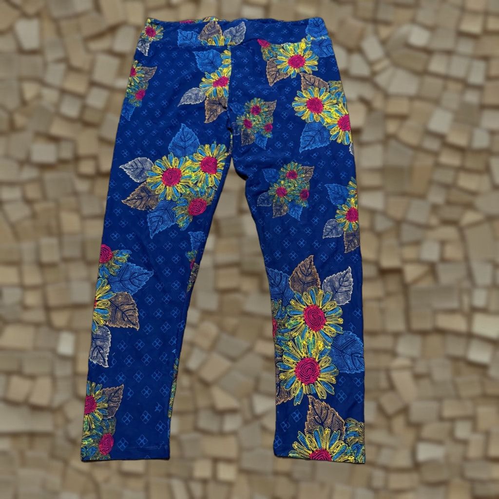 Vintage Lularoe Tall & Curvy 2 Leggings, Women's Pull On Blue Floral Diamonds Ankle Multicolor 26 In Inseam Waist 35 In