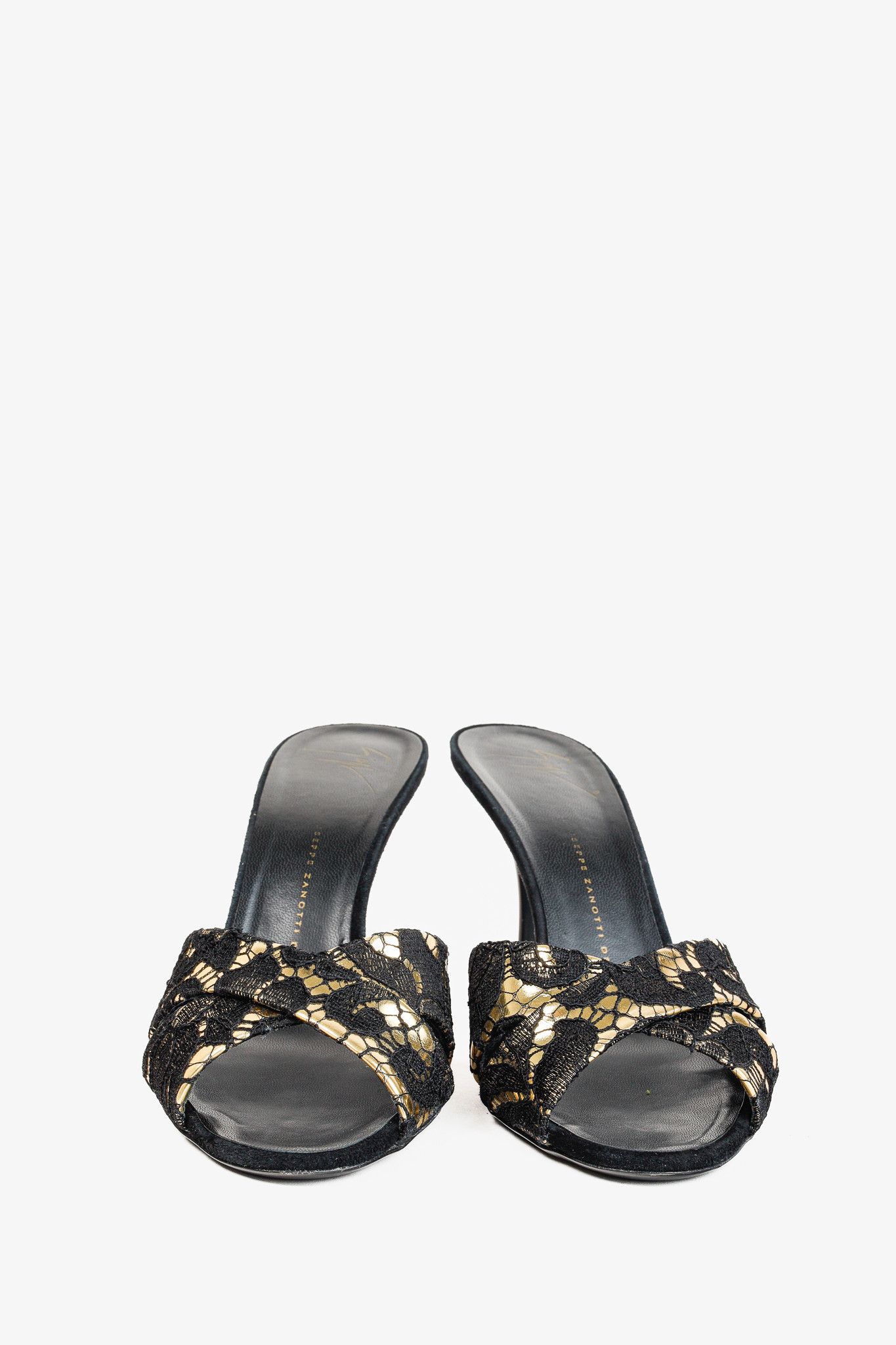 Giuseppe Zanotti Giuseppe Zanotti Gold & Black Lace Crossover-Strap Mules Size US 9 / IT 39 - 3 Thumbnail