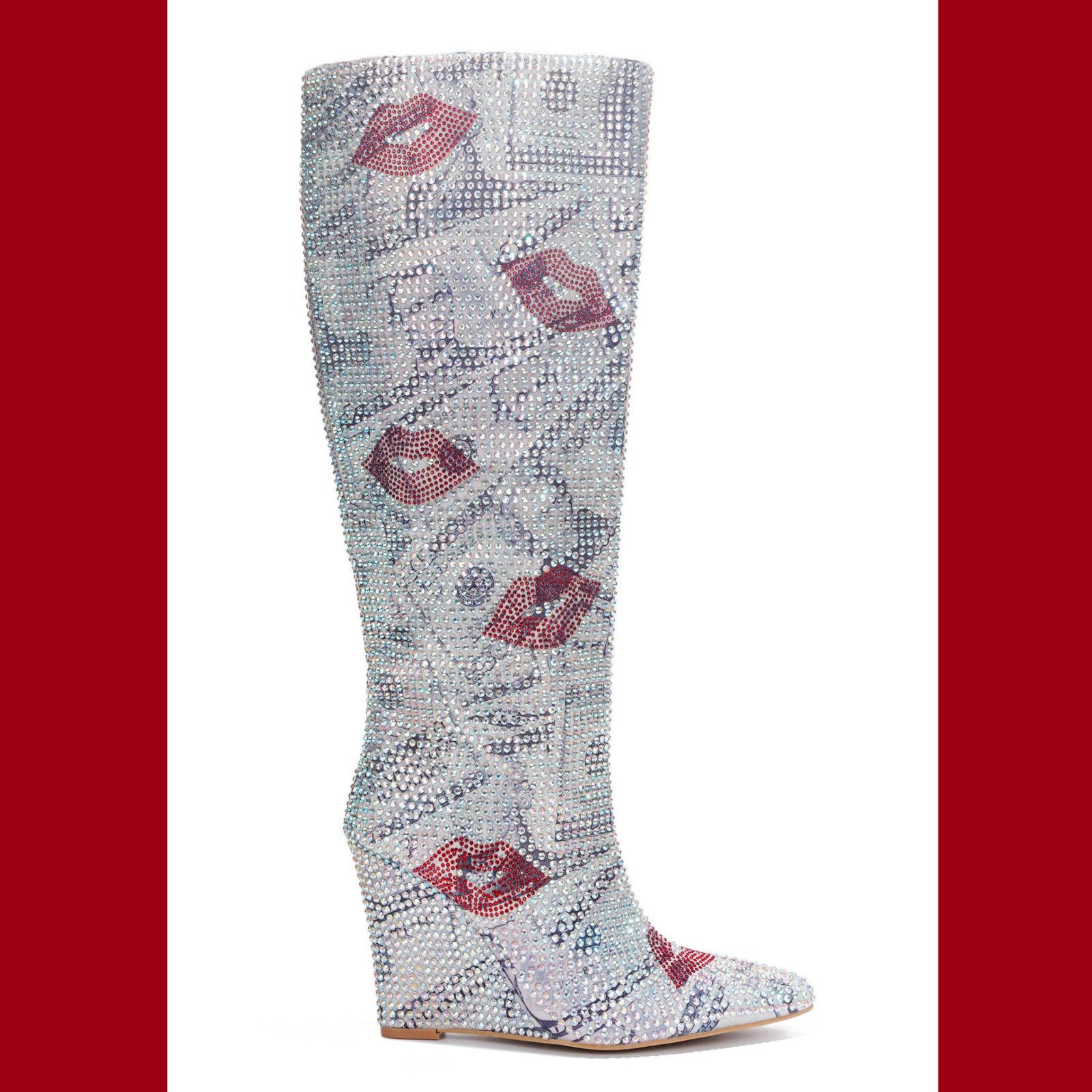 Other Kisses Silver Rhinestone Kiss Print Wedge Heel Knee Boots NE Size US 6 / IT 36 - 5 Thumbnail