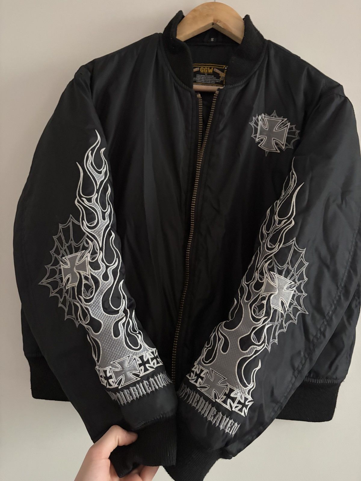 Vintage Gothic Flame Cross Embroidered Bomber Jacket Size US M / EU 48-50 / 2 - 4 Thumbnail