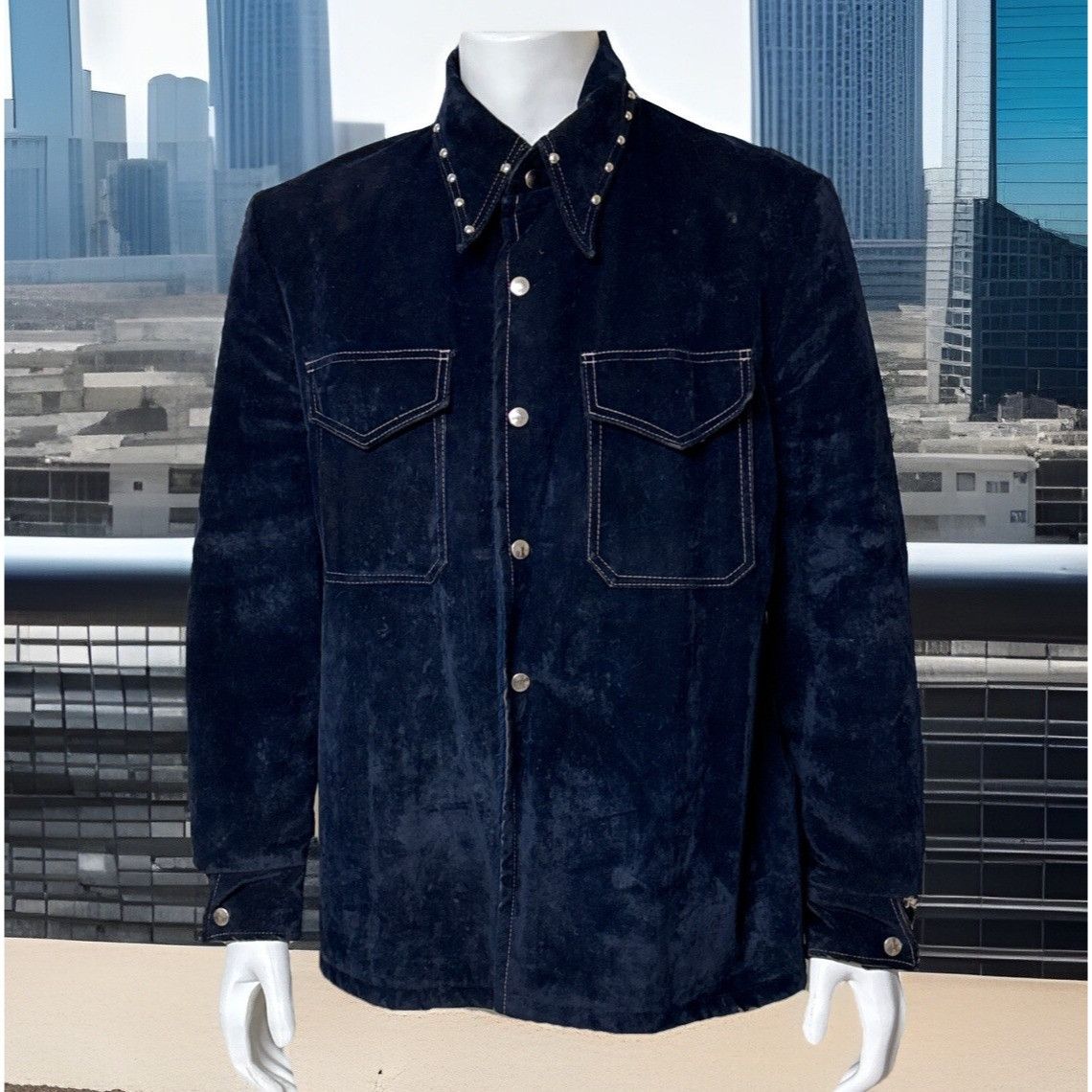 Vintage 70s Vintage Studded Dagger Collar Blue Velvet Jacket Men’s L Size US L / EU 52-54 / 3 - 1 Thumbnail