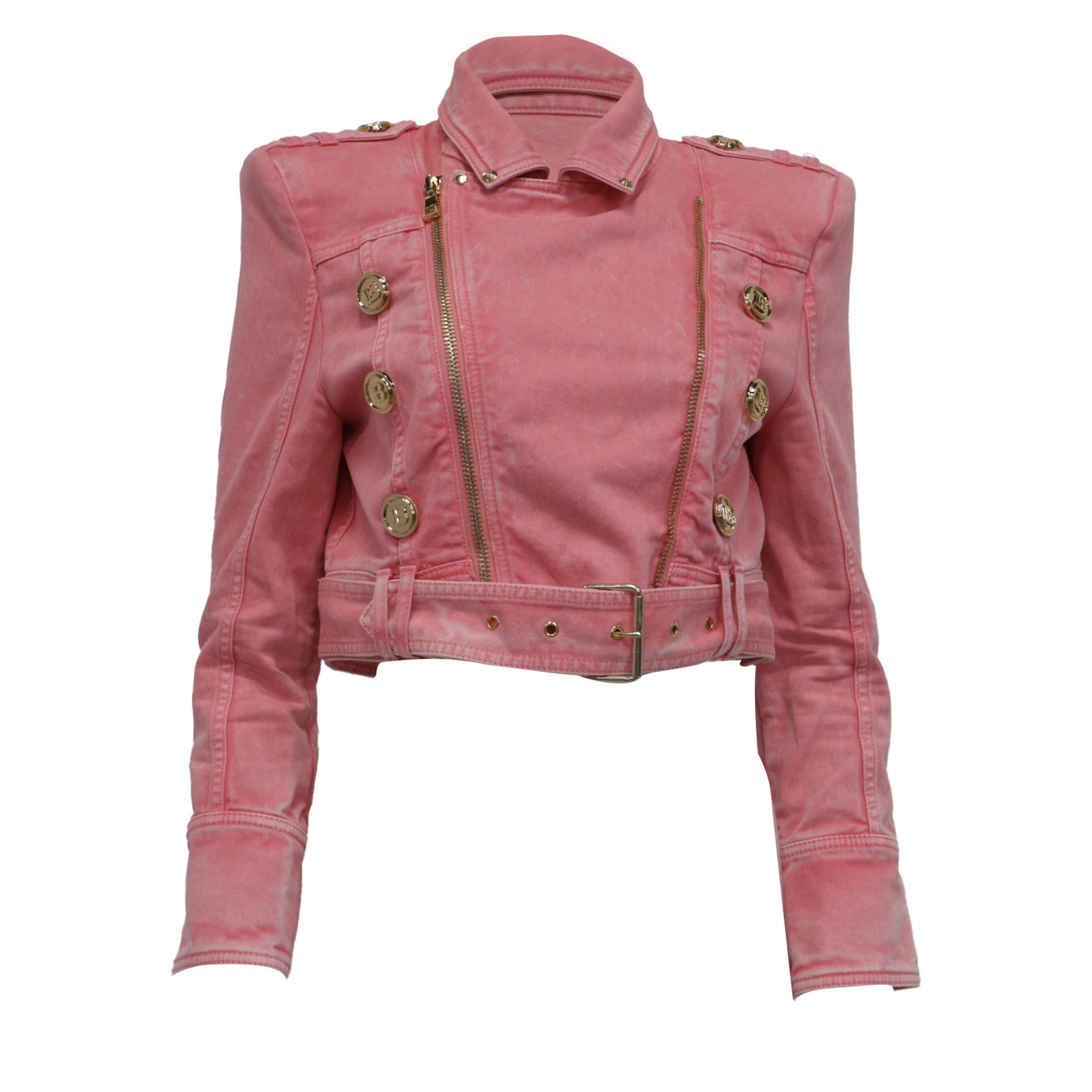 Balmain Balmain Belted Cropped Denim Jacket in Pink Cotton Size XXS / US 00 / IT 34 - 1 Thumbnail