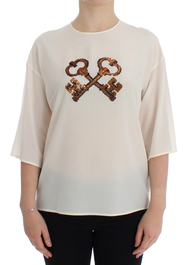 Dolce & Gabbana Ivory Sequined Silk Blouse Women's Top Size M / US 6-8 / IT 42-44 - 1 Thumbnail