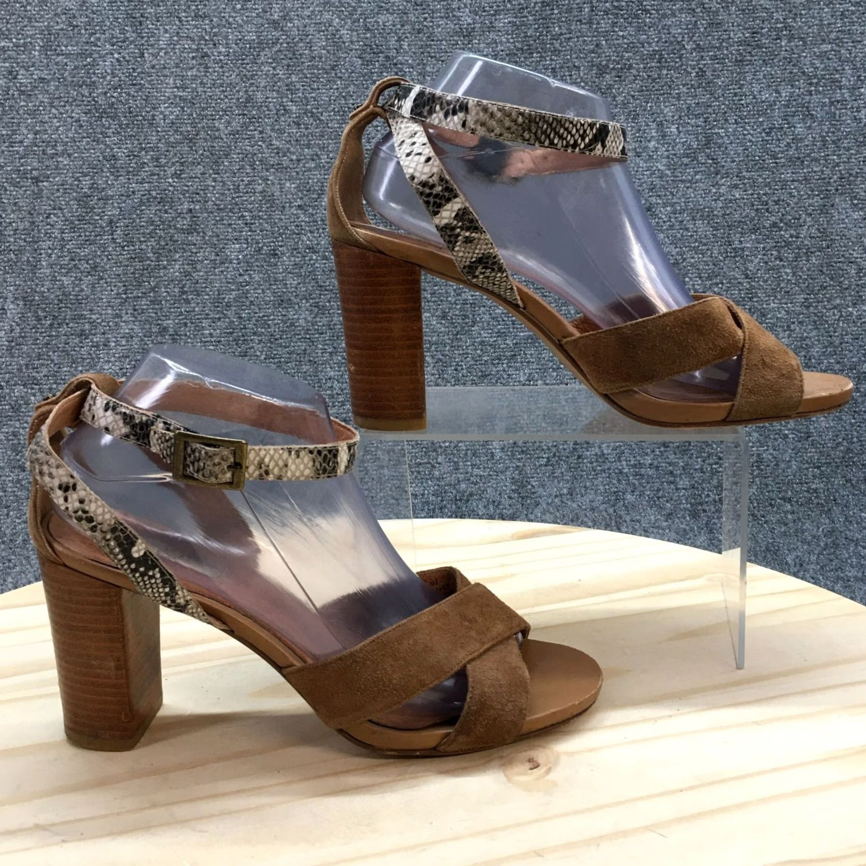 Vintage Halogen Sandals Women's 9 M Ankle Straps Brown Leather Heeled Snakeskin Casual Shirt? Size US 9 / IT 39 - 2 Thumbnail