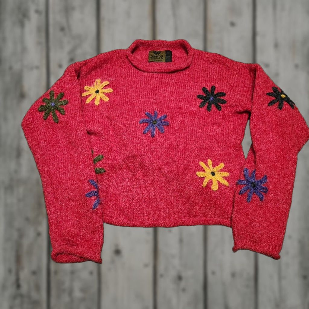 CO Peruvian Trading Co Sweater Women Large Floral Print Red V-Neck Knit Long Sleeve Pullover Lightweight Bohemian Art Colorful Flower Size L / US 10 / IT 46 - 1 Thumbnail