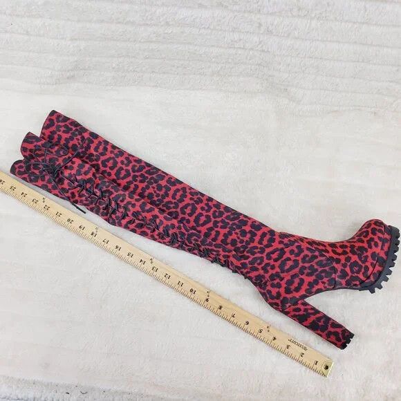 Other Fever Red Leopard Stretch Lace Up Back OTK Chunky Heel Boots Size US 7.5 / IT 37.5 - 2 Thumbnail